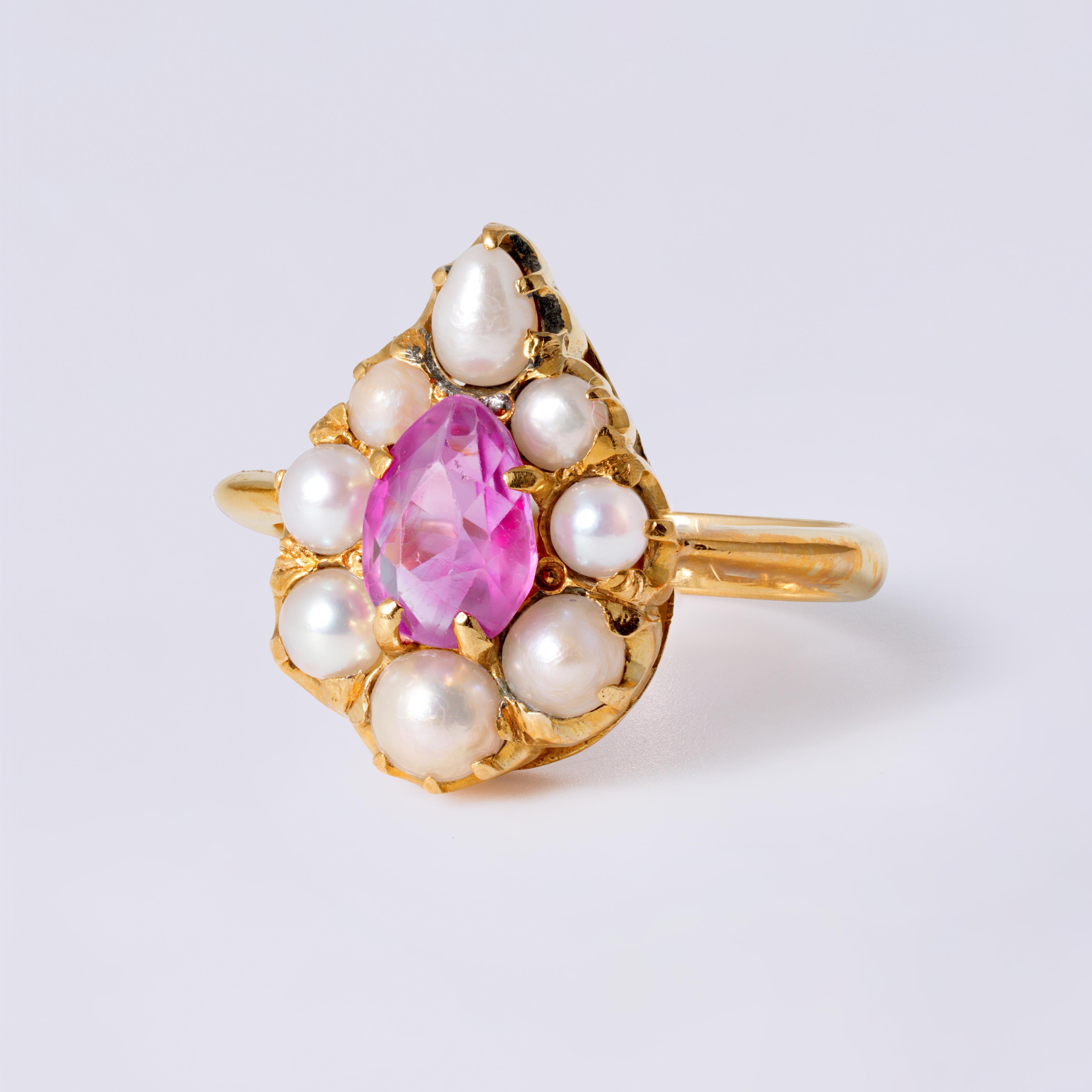 Antique Victorian 20k Gold Pink Sapphire And Pearl Halo Engagement Ring
