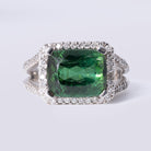 6.31 Carat Green Tourmaline Cushion and Diamond Estate East-West Ring