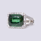 6.31 Carat Green Tourmaline Cushion and Diamond Estate East-West Ring