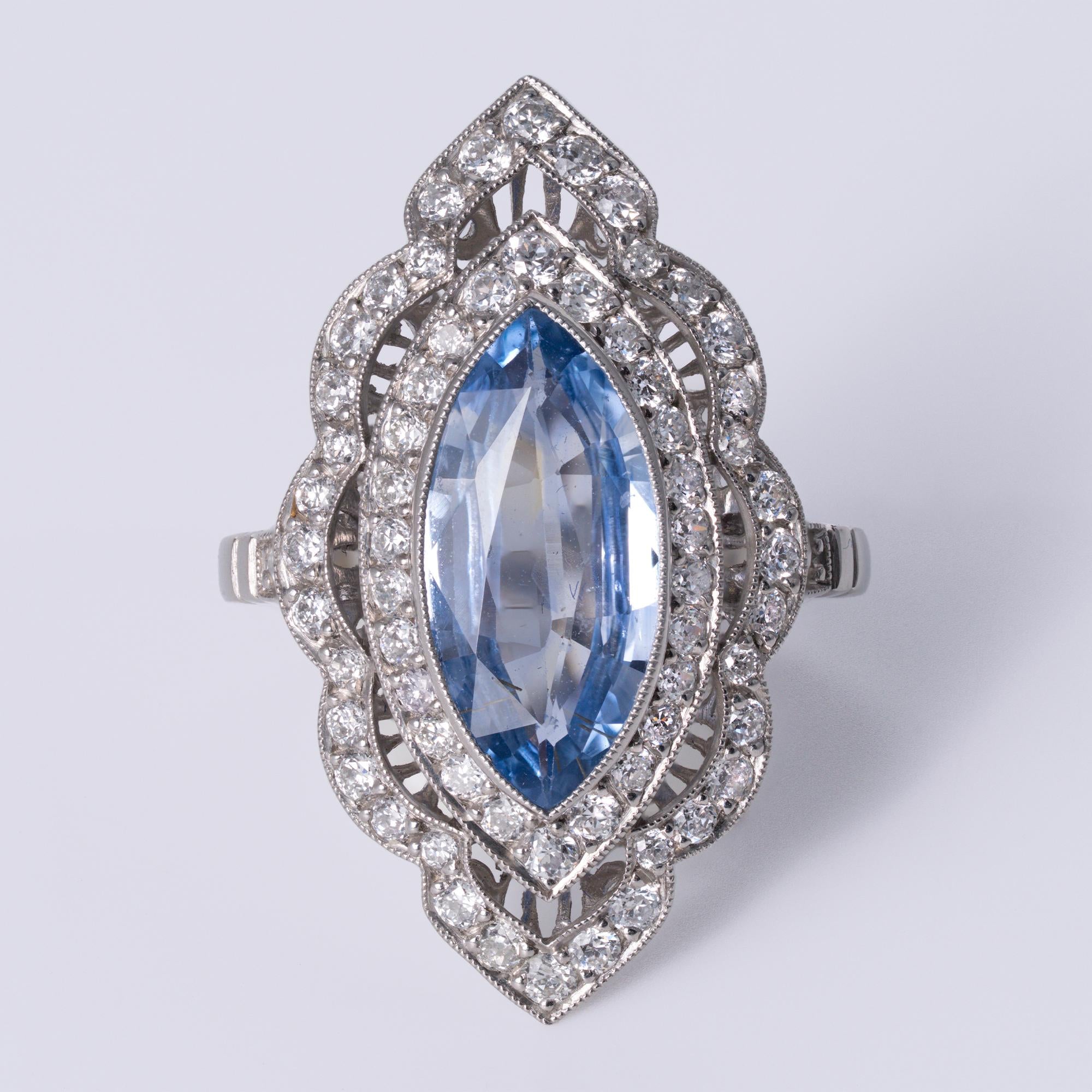 Edwardian Revival 2.62 Carat Sapphire & Diamond Platinum Navette Cocktail Ring
