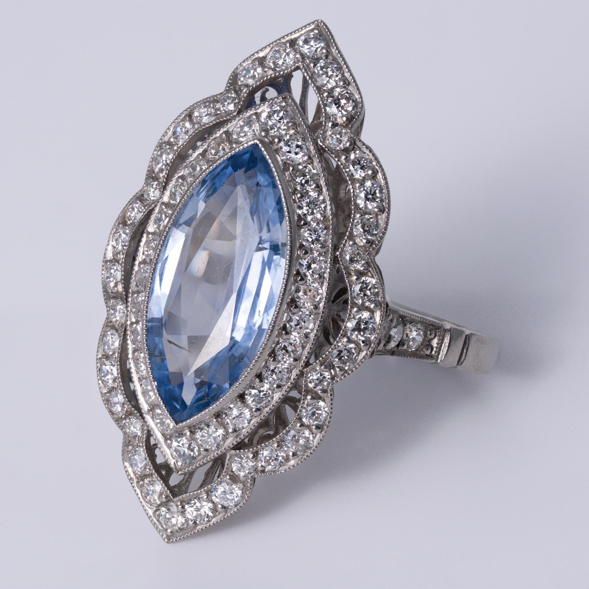 Edwardian Revival 2.62 Carat Sapphire & Diamond Platinum Navette Cocktail Ring