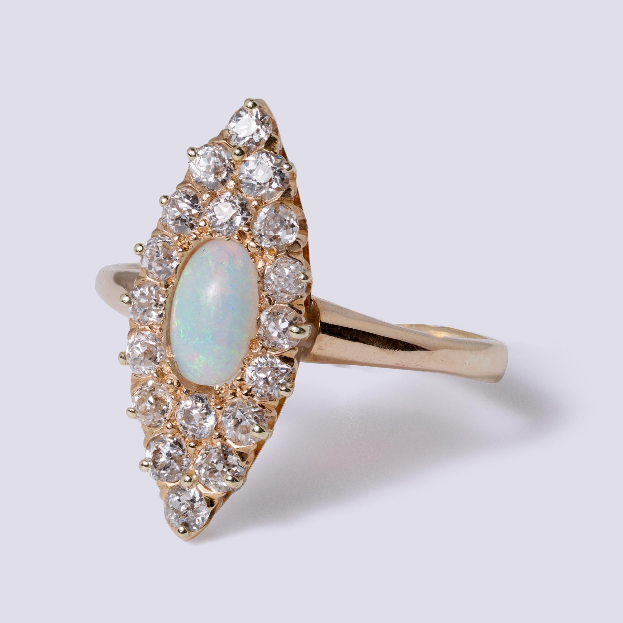 Antique Edwardian Opal and Diamond Navette Ring in 14k Gold Circa 1912