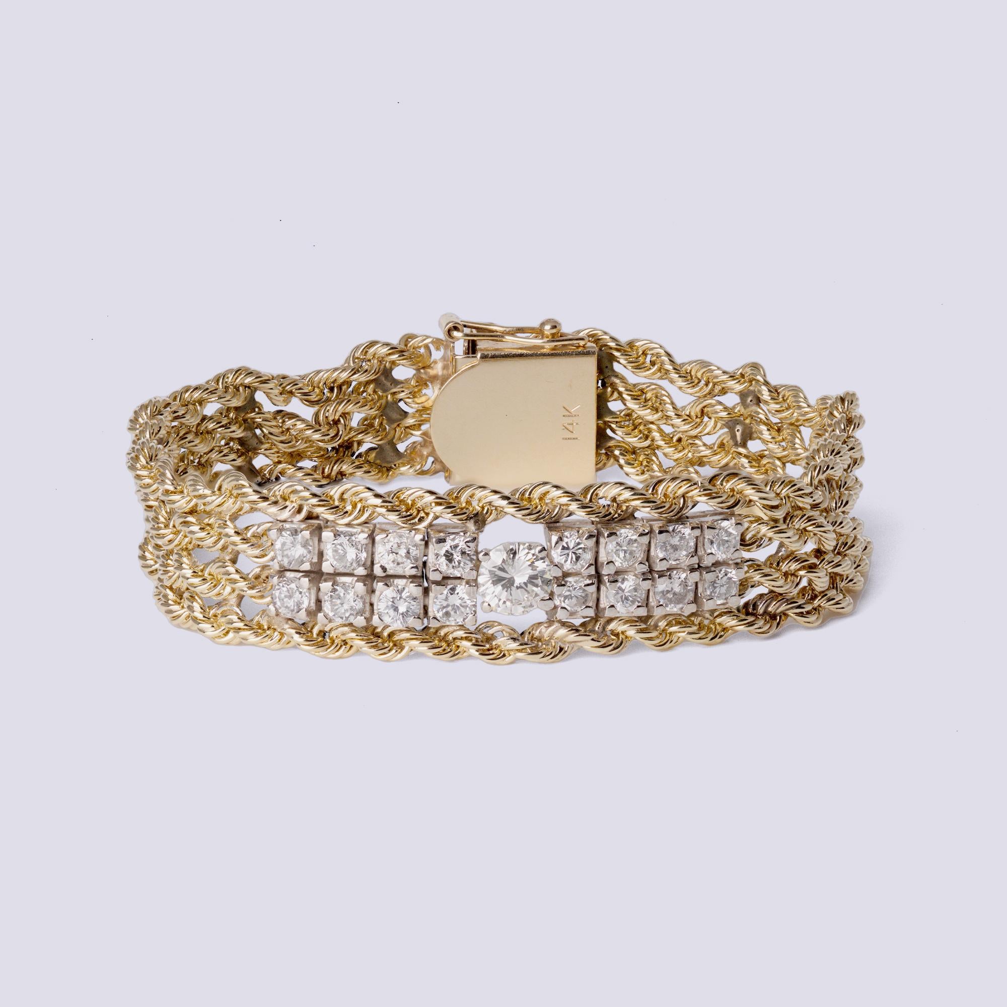 Vintage Estate 1.78 Carat Diamond 4 Strand Heavy 14k Gold Rope Chain ID Bracelet