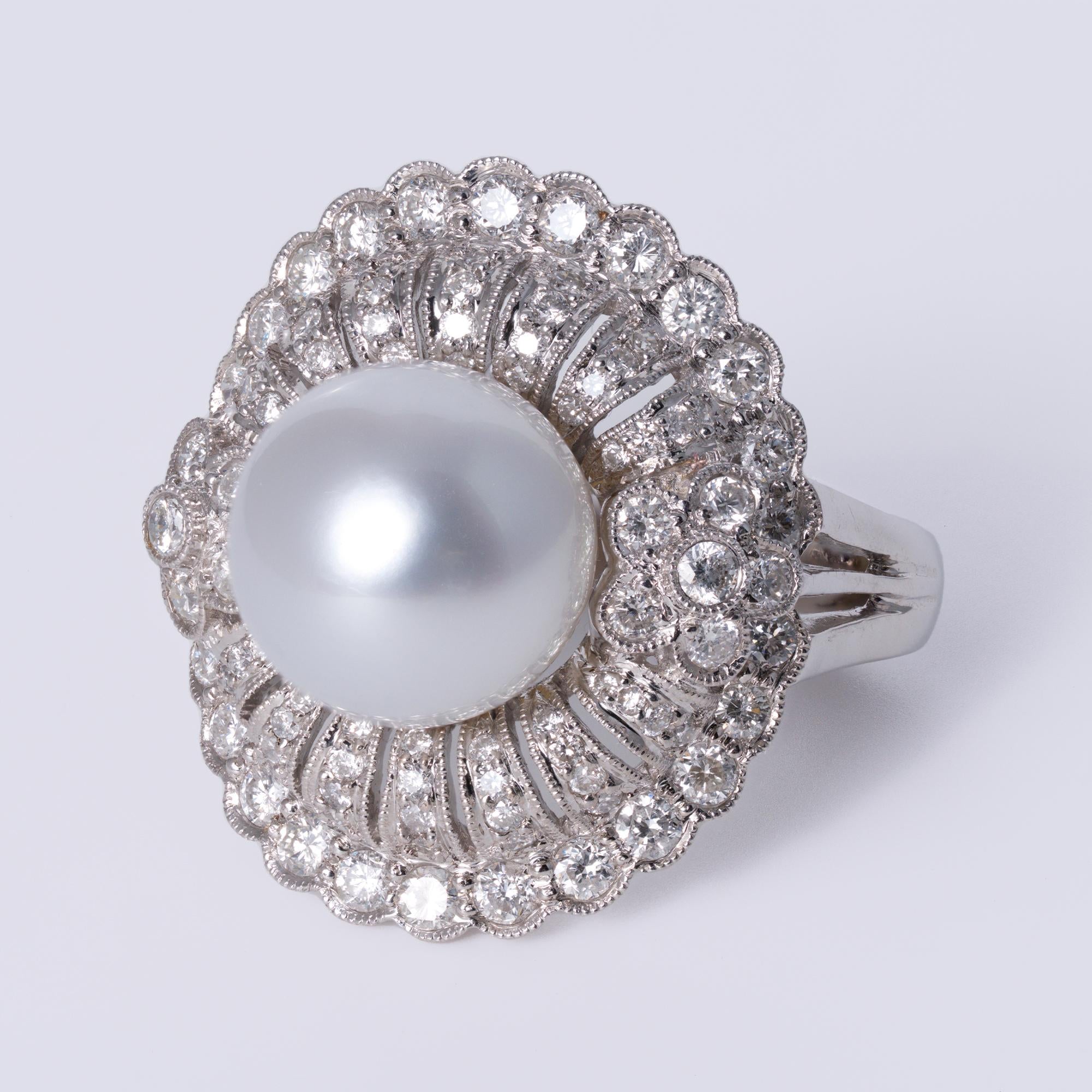 Estate Mid Century South Sea Pearl And Diamond Cocktail Ring
