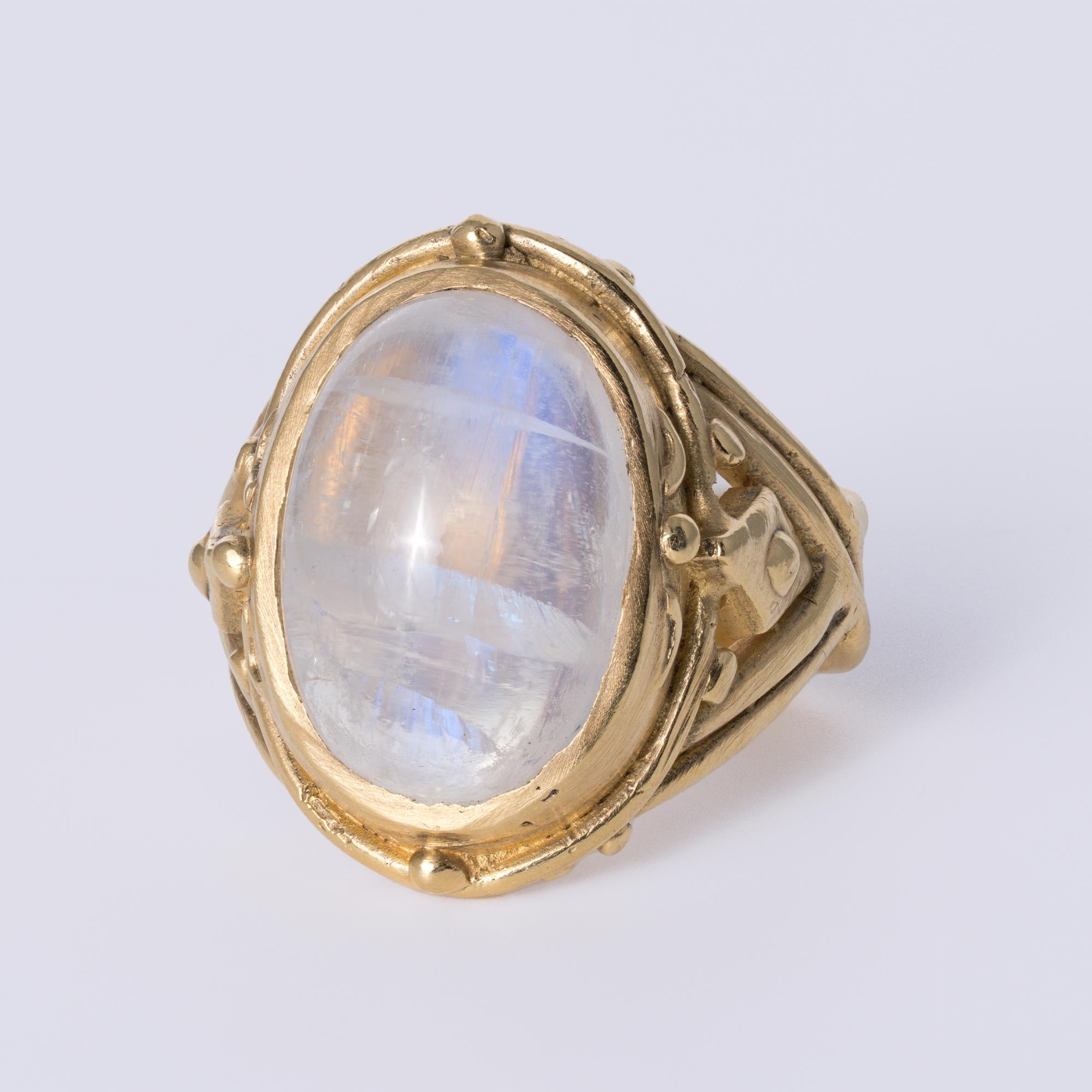 Art Nouveau Revival Rainbow Moonstone 18k Gold Handmade Ring