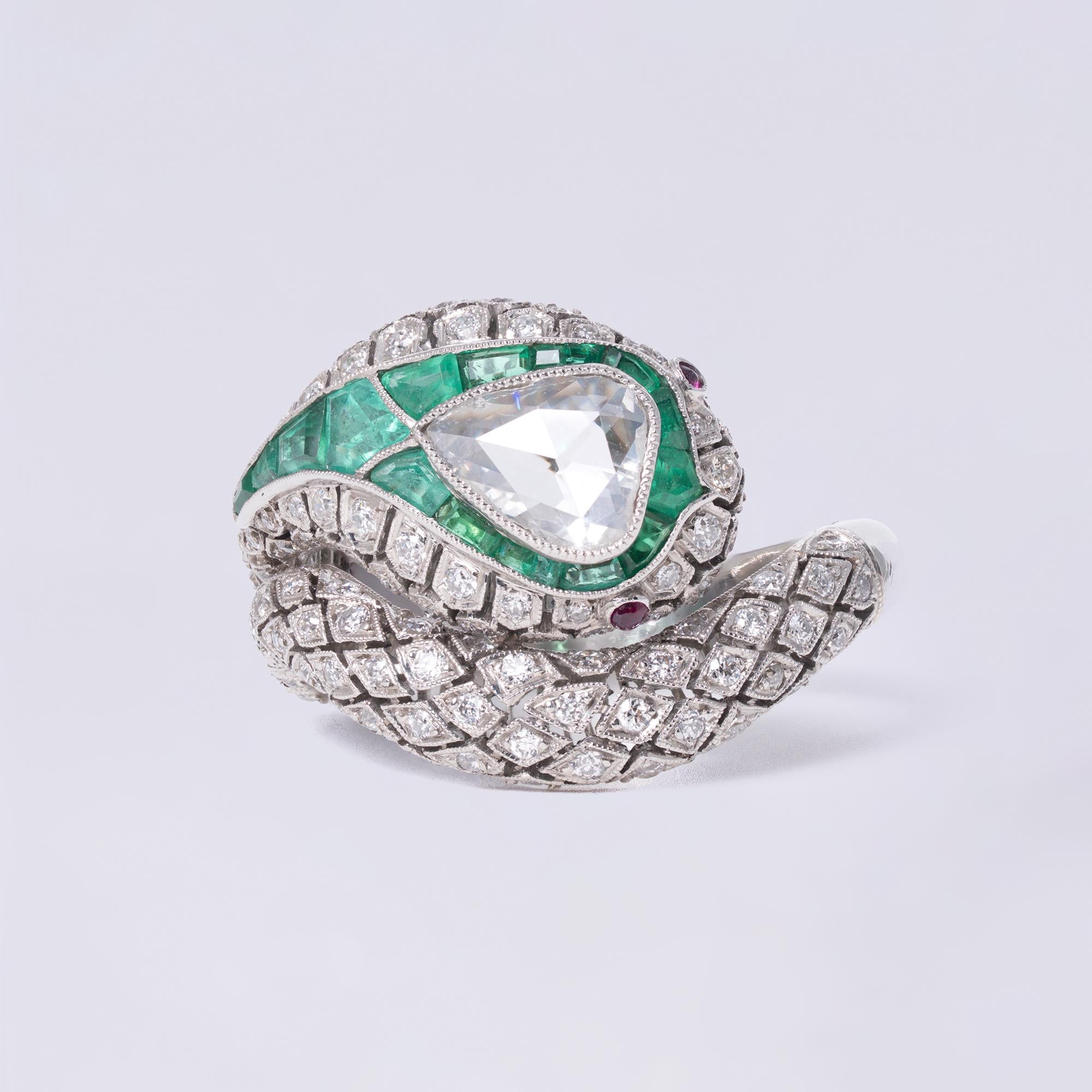 Rose Cut Diamond Emerald Egyptian Revival Snake Statement Cocktail Ring