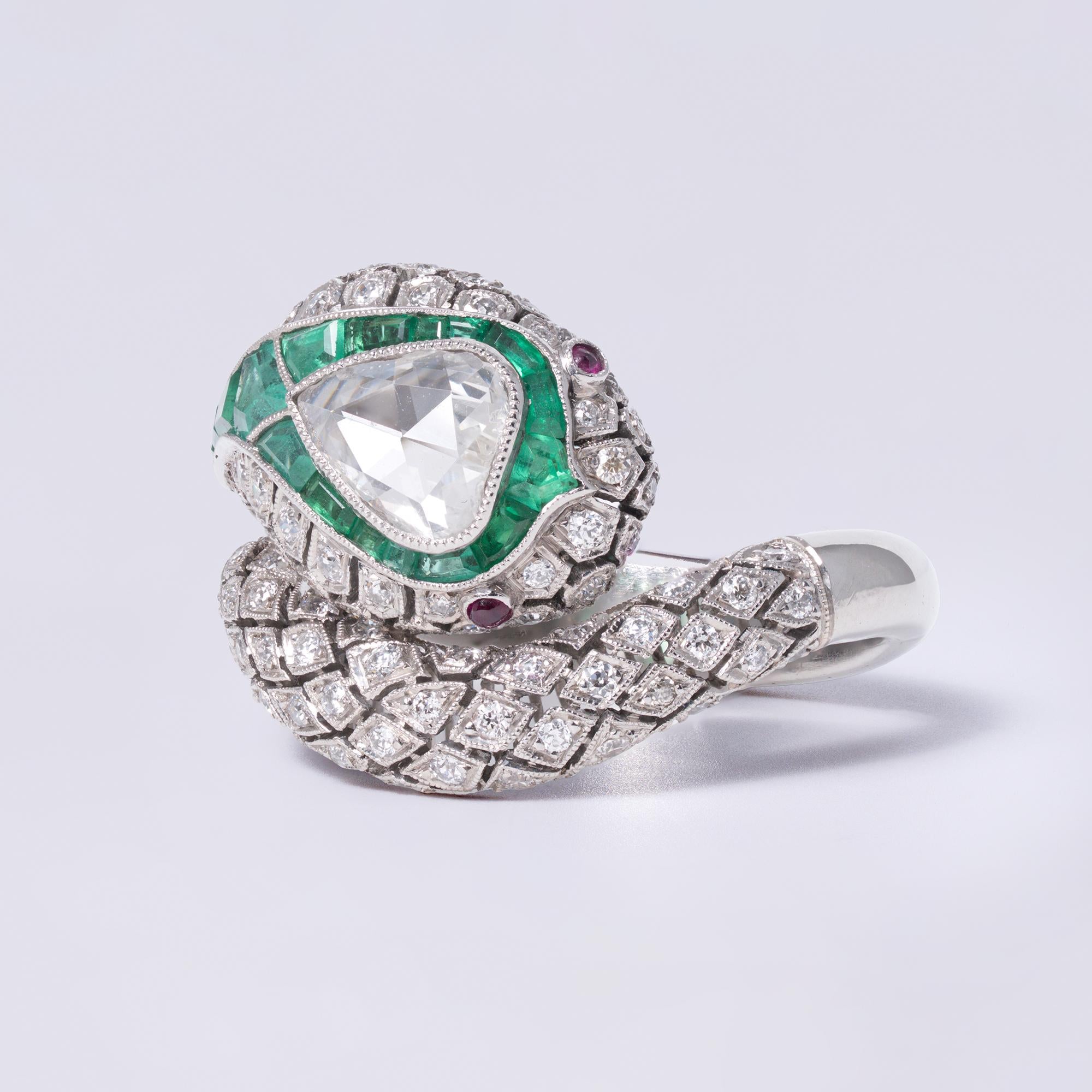 Rose Cut Diamond Emerald Egyptian Revival Snake Statement Cocktail Ring