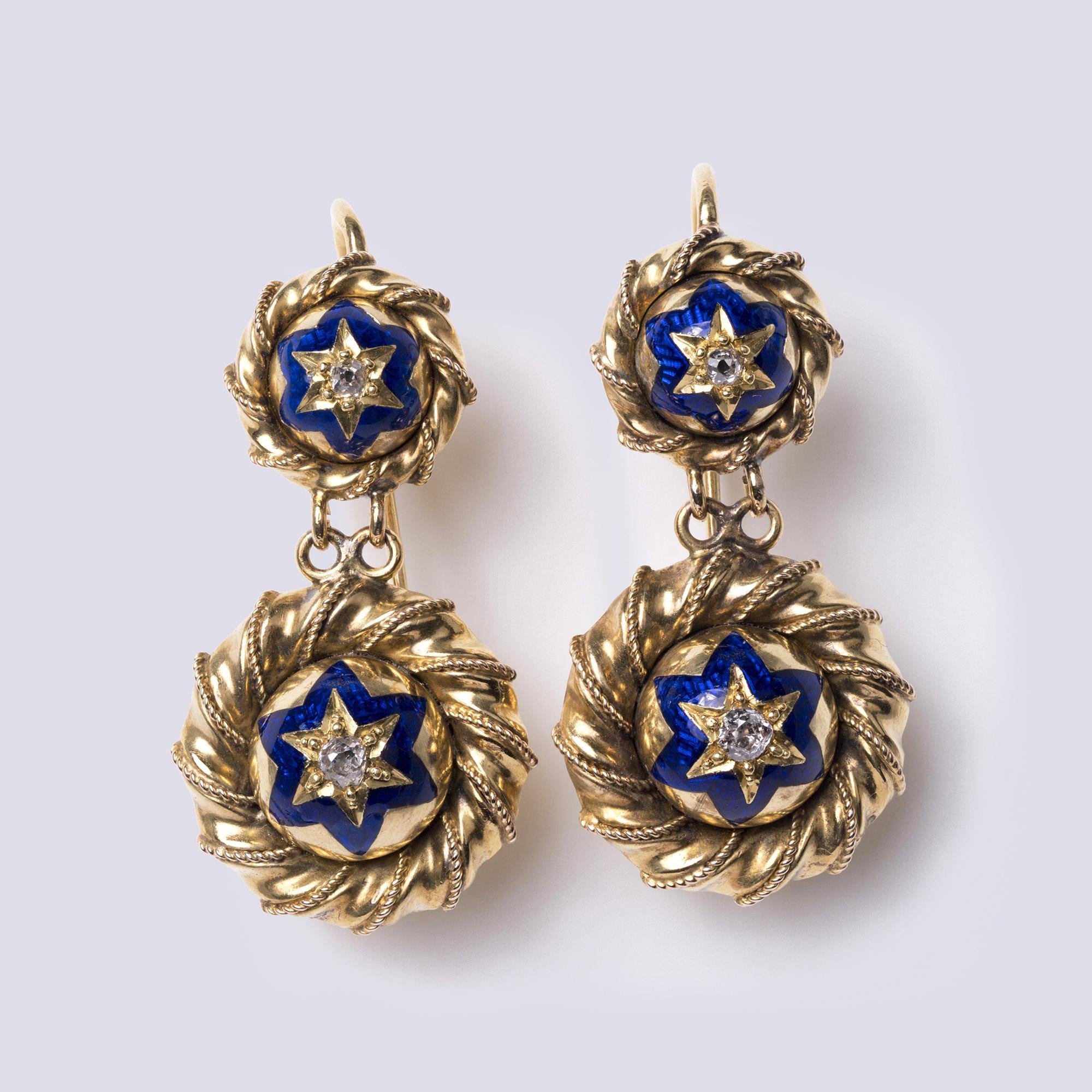 Antique Georgian Enamel & Diamond 6 Point Star 20k Gold Drop Earrings