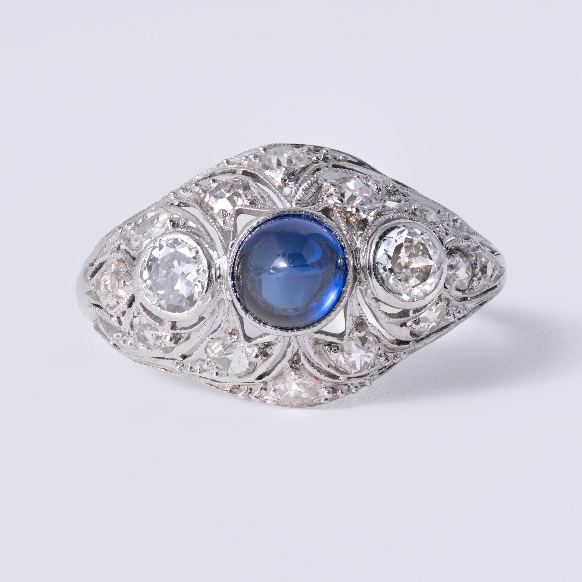 Art Deco Cabochon Sapphire Diamond 3 Stone Platinum Filigree Engagement Ring