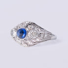 Art Deco Cabochon Sapphire Diamond 3 Stone Platinum Filigree Engagement Ring