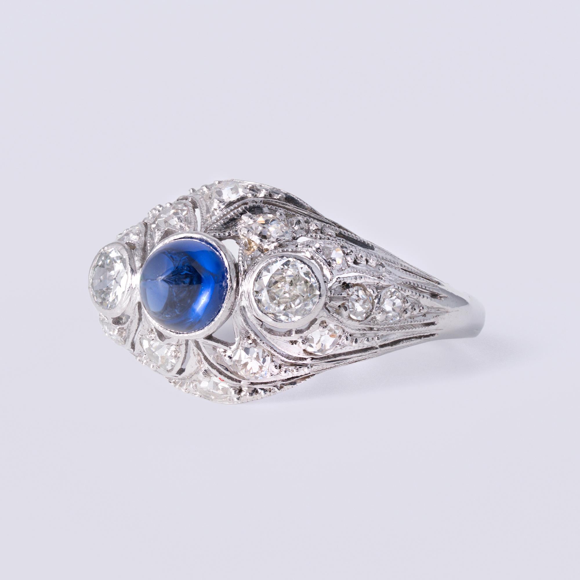 Art Deco Cabochon Sapphire Diamond 3 Stone Platinum Filigree Engagement Ring