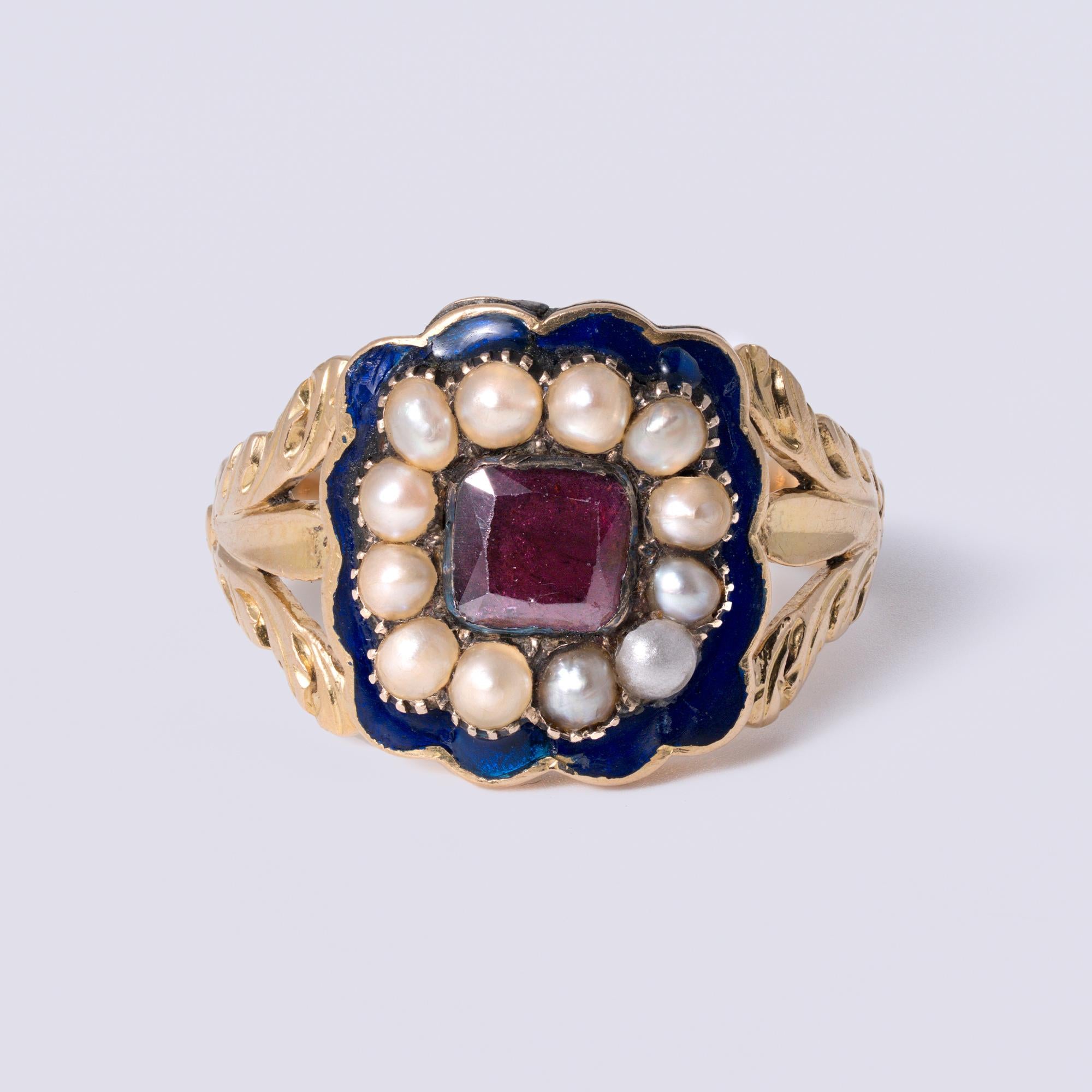 Antique Georgian Garnet Pearl & Enamel Mourning Ring, 1820