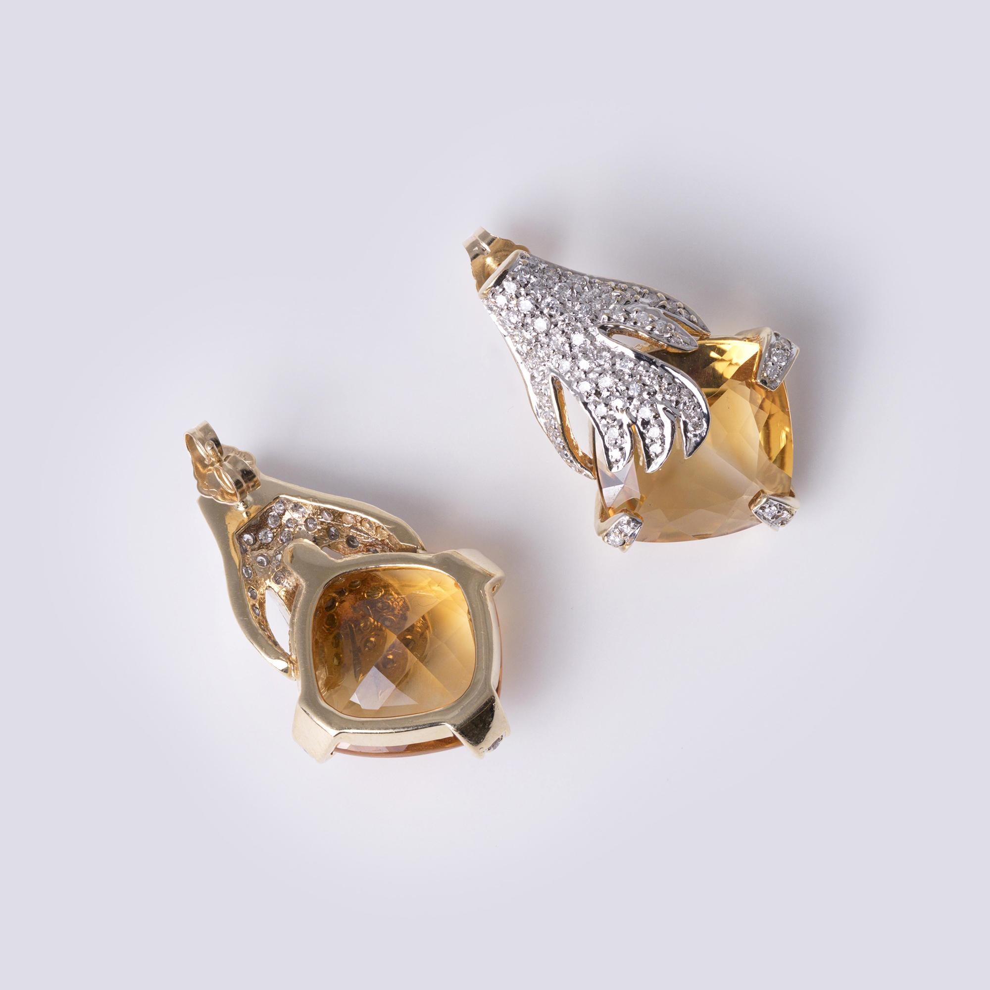 RDY Estate Modernist 16 Carat Citrine & Pavè Diamond 14k Gold Earrings