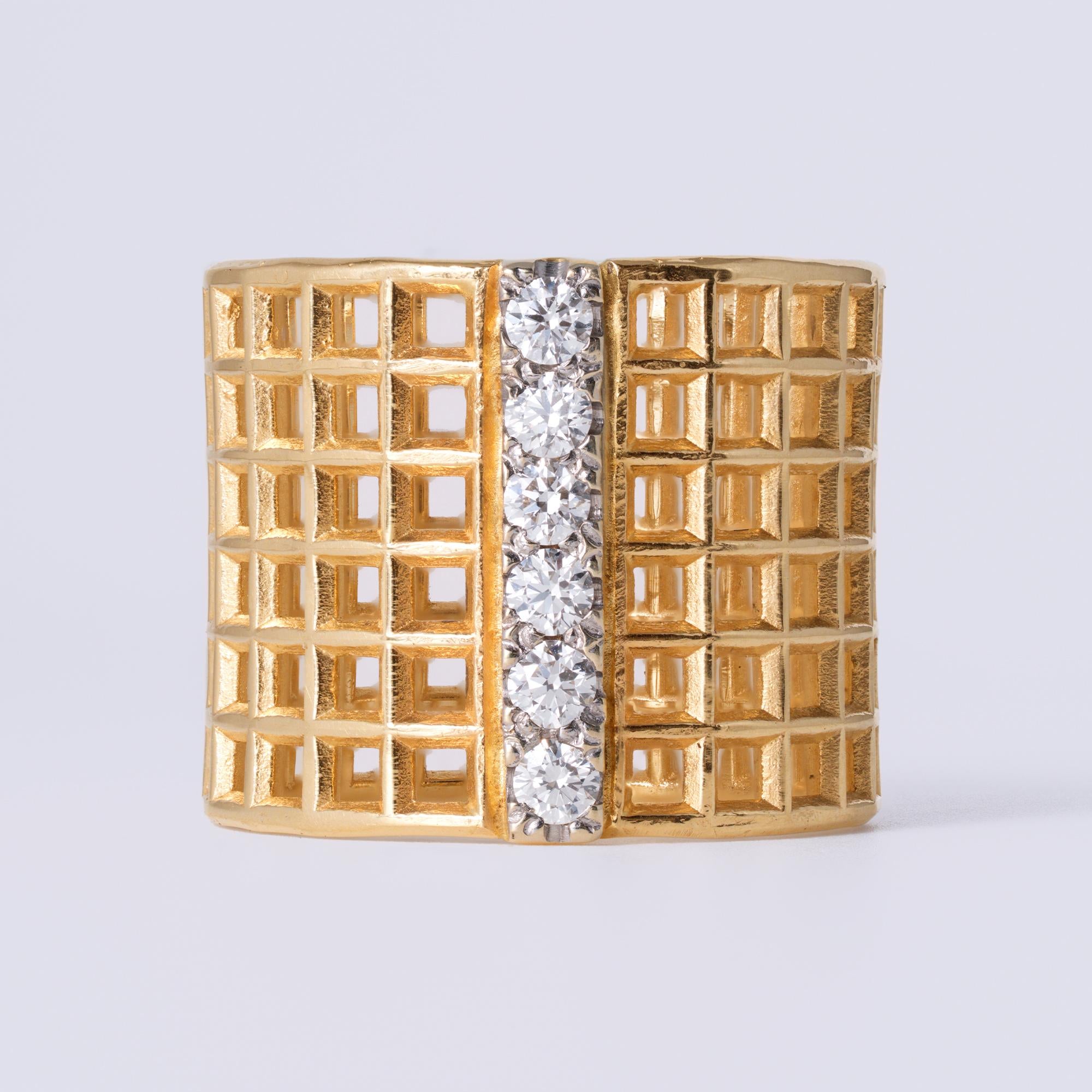 Vintage Mid Century Openwork Diamond Checkerboard 14k Gold Wide Cigar Band Ring