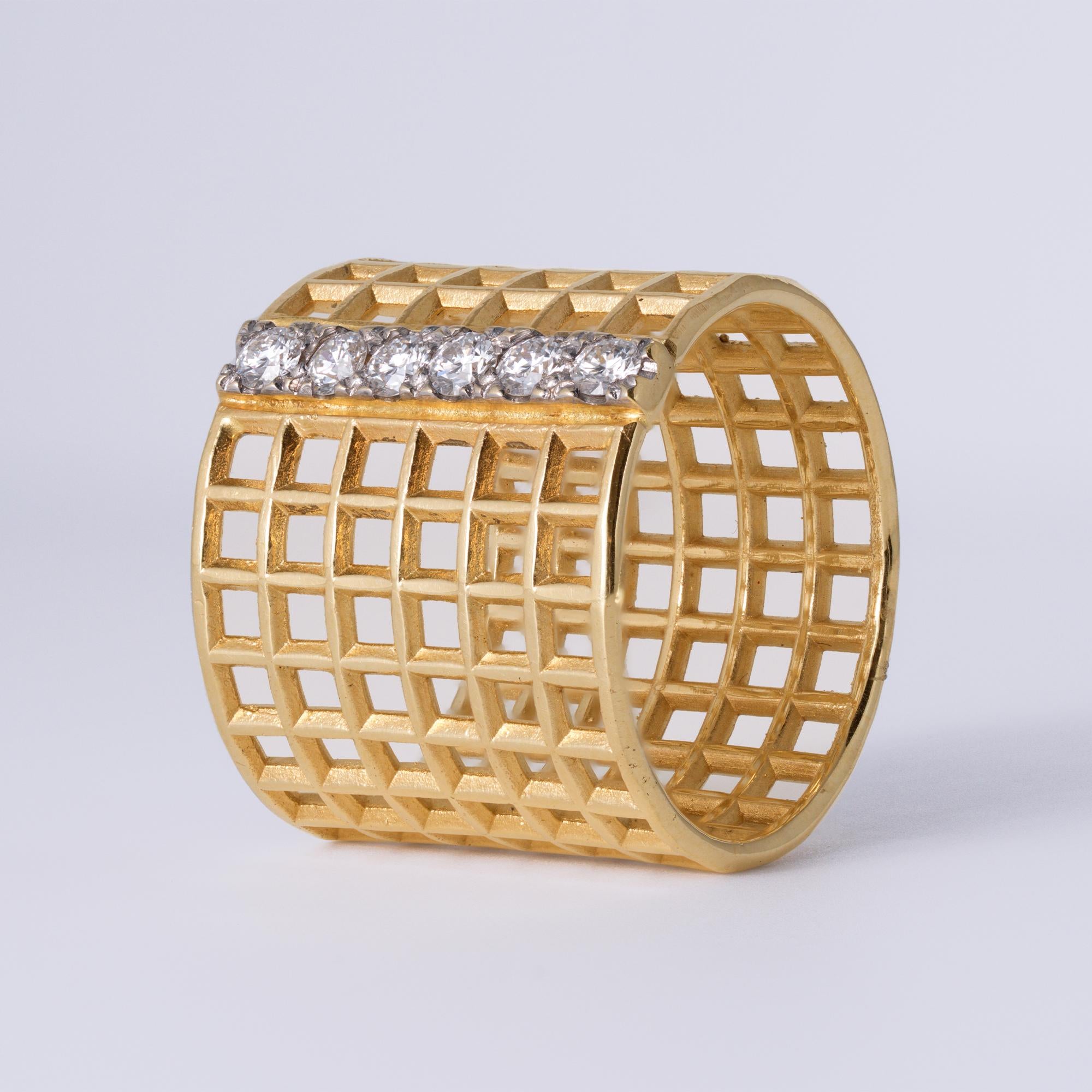 Vintage Mid Century Openwork Diamond Checkerboard 14k Gold Wide Cigar Band Ring