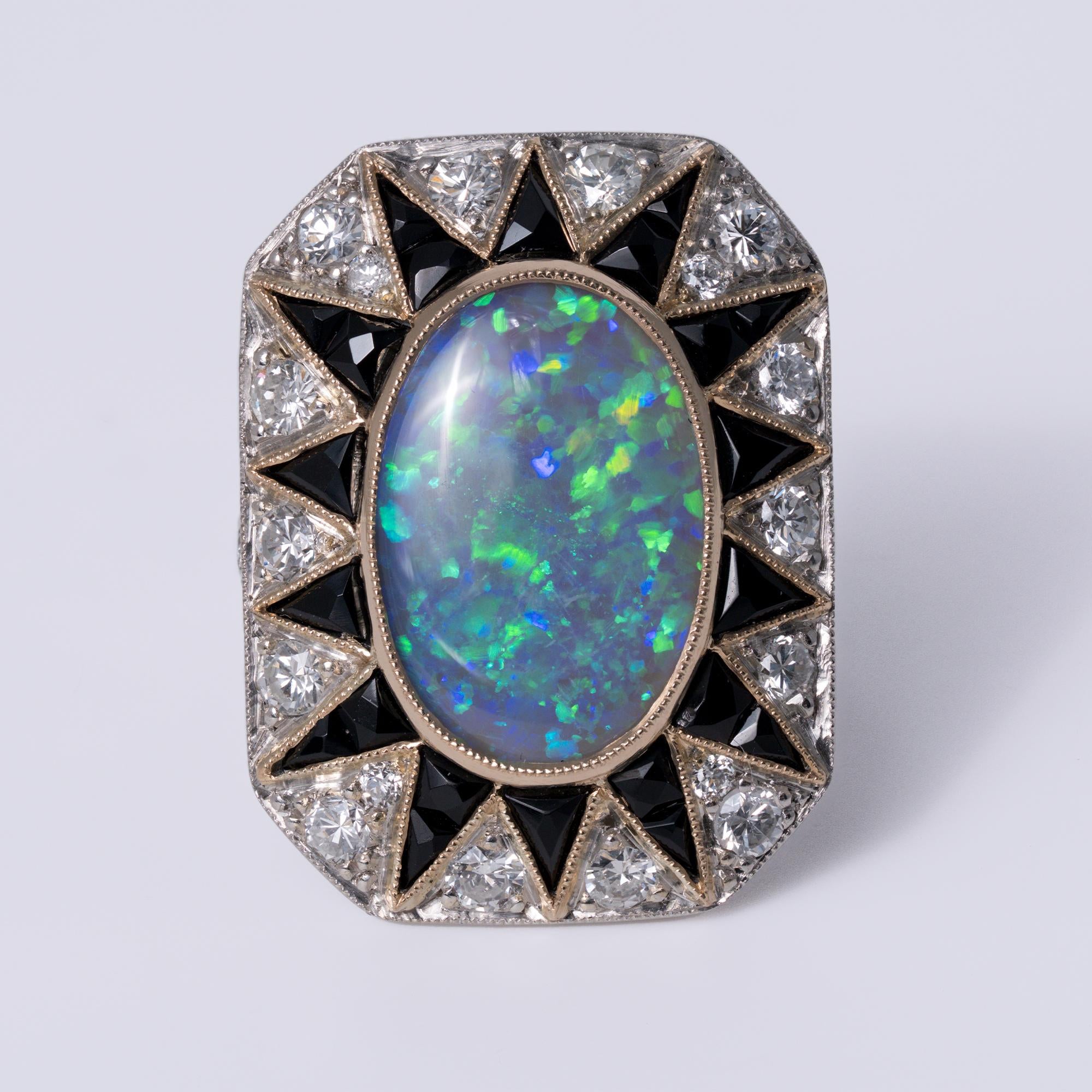 4.10 Carat Black Opal Diamond & Onyx Art Deco Style Cocktail Ring