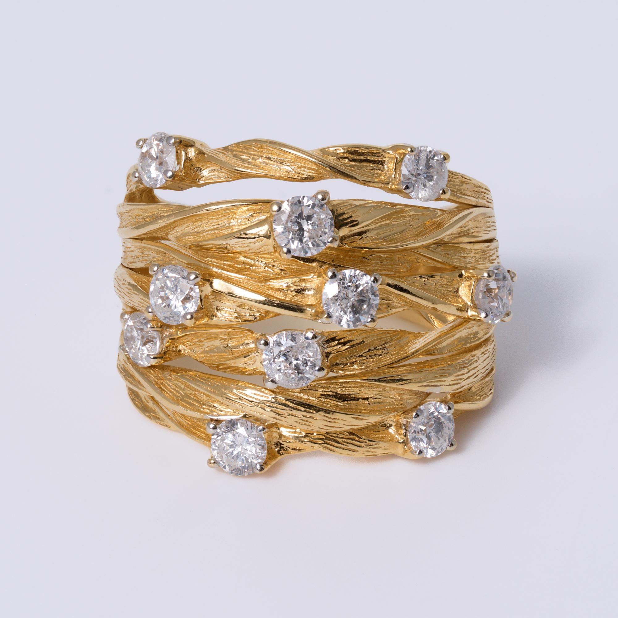 Vintage Mid Century 7 Row Ribbon Diamond Wide Cigar Band Ring