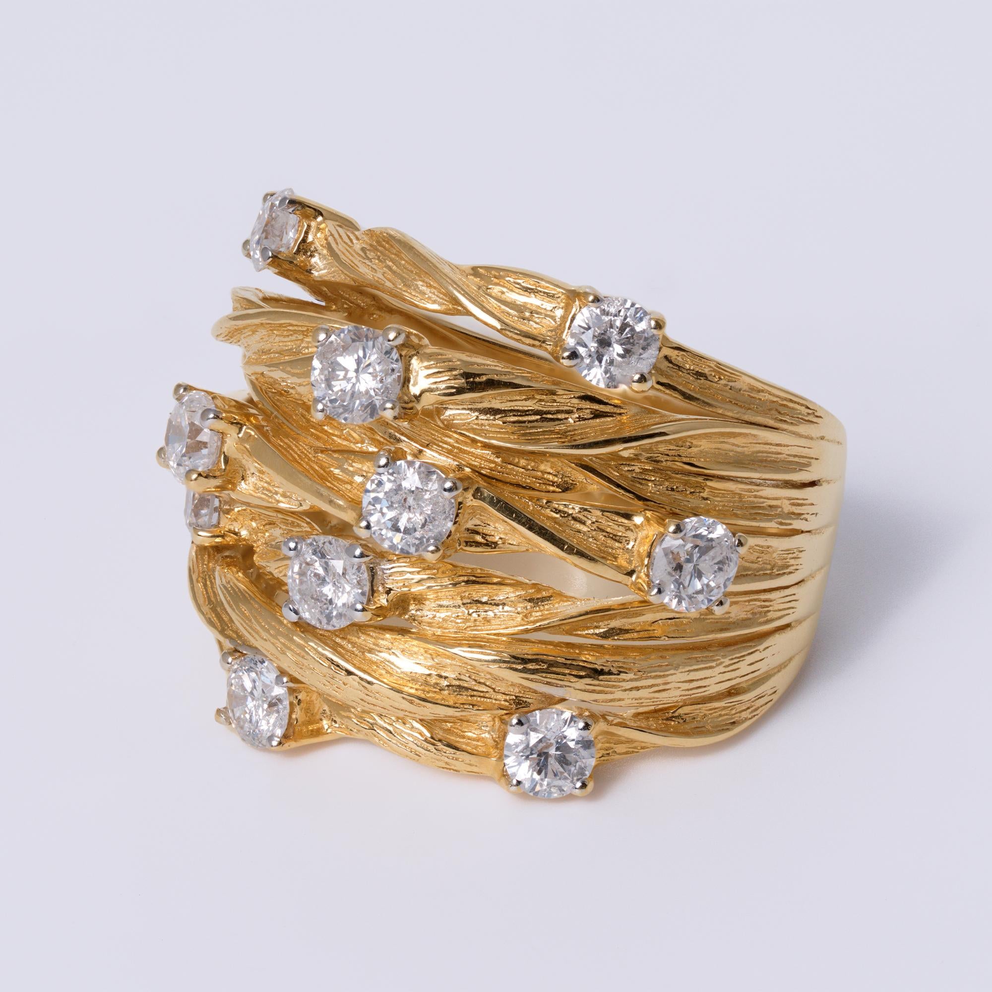 Vintage Mid Century 7 Row Ribbon Diamond Wide Cigar Band Ring