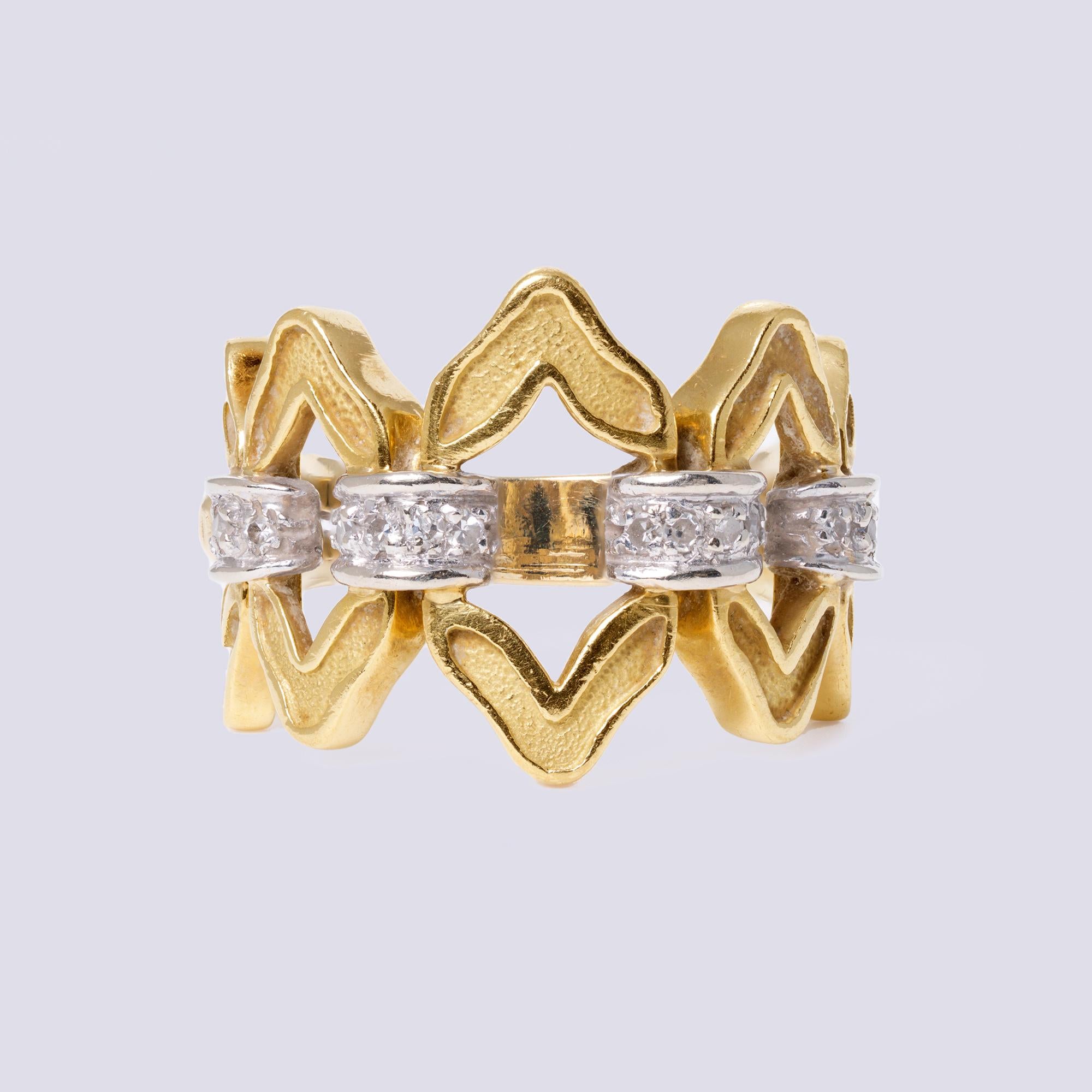 Vintage 1970s SANZ 18k Gold Open Diamond Wide Band Ring