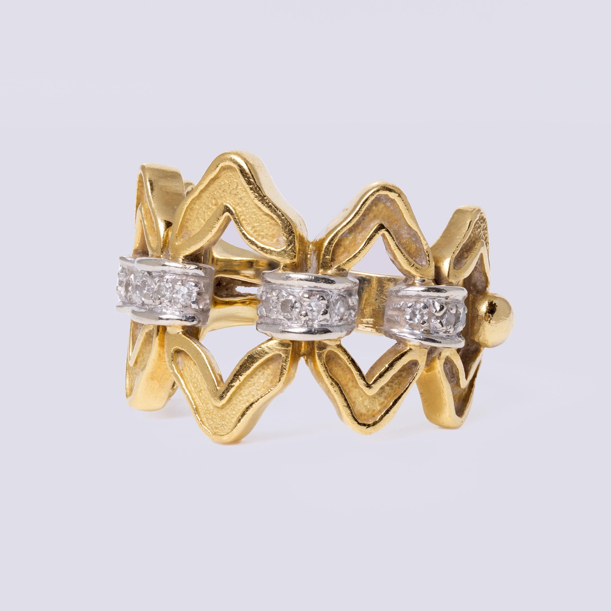 Vintage 1970s SANZ 18k Gold Open Diamond Wide Band Ring