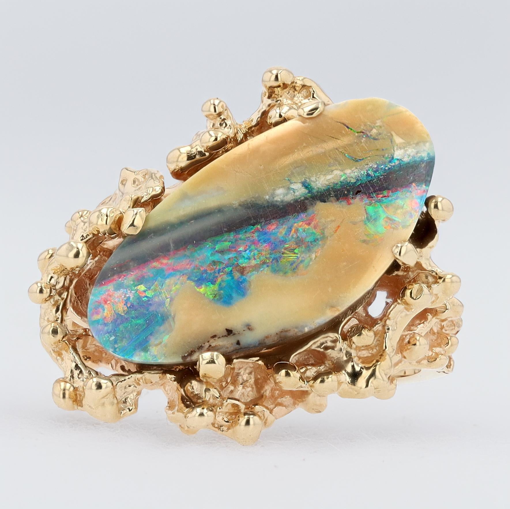 Brutalist Boulder Opal & 14k Gold Nugget Ring