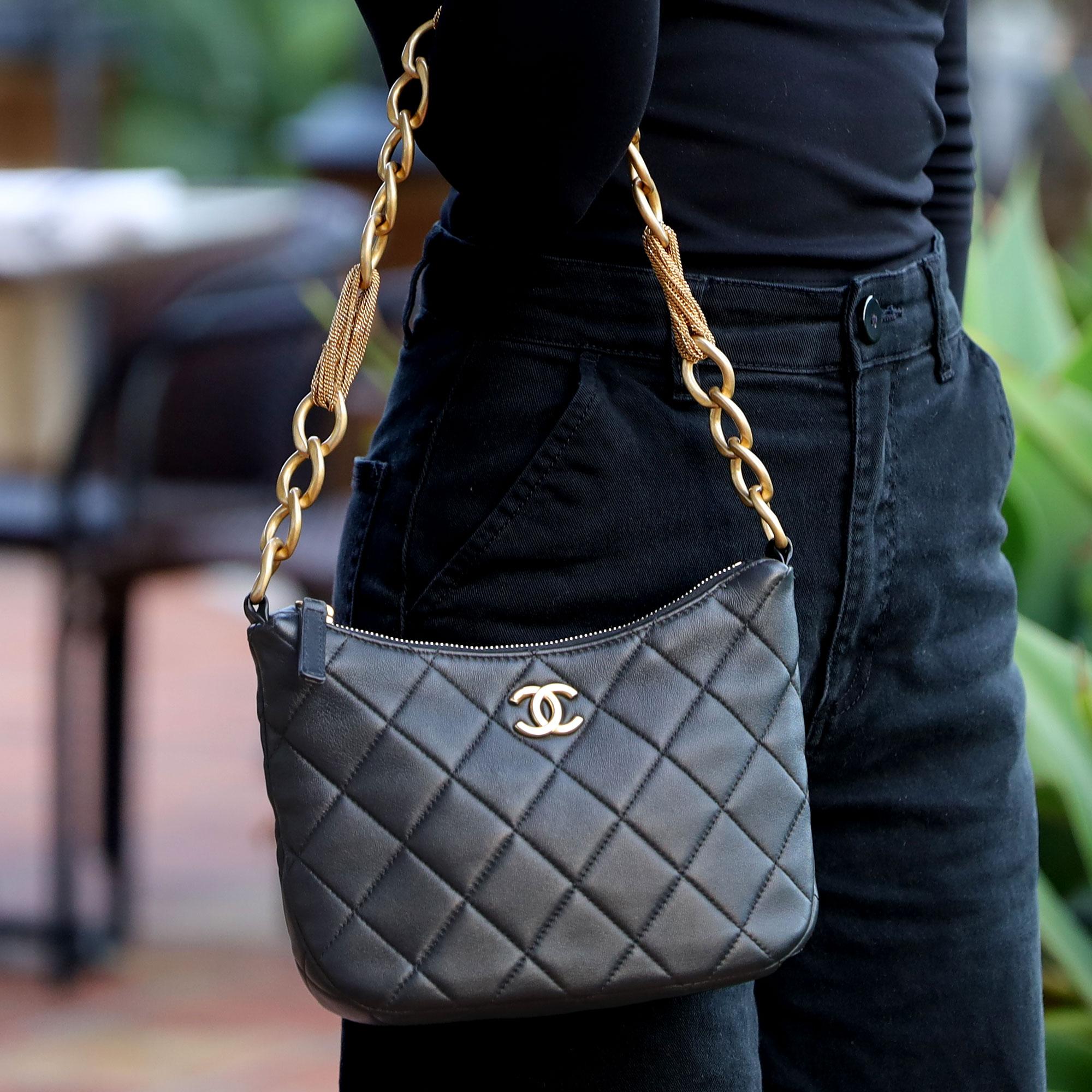Pre Owned Chanel 2023 23A Black Quilted Lambskin Hobo Bag