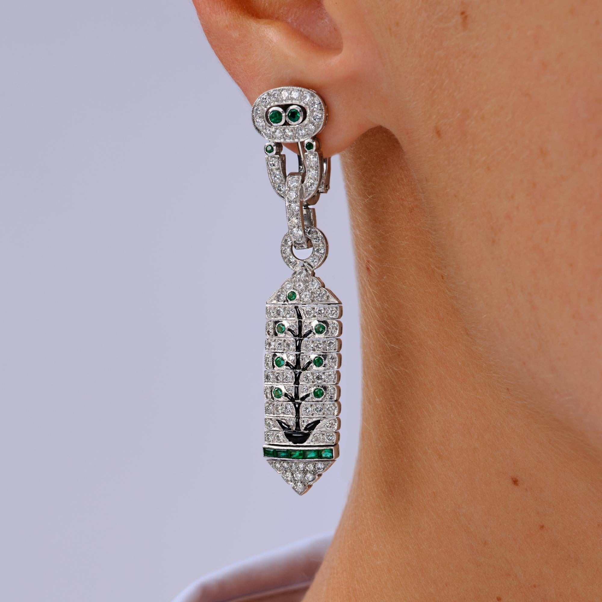 Art Deco Revival Diamond Emerald Tree of Life Day/Night Earrings