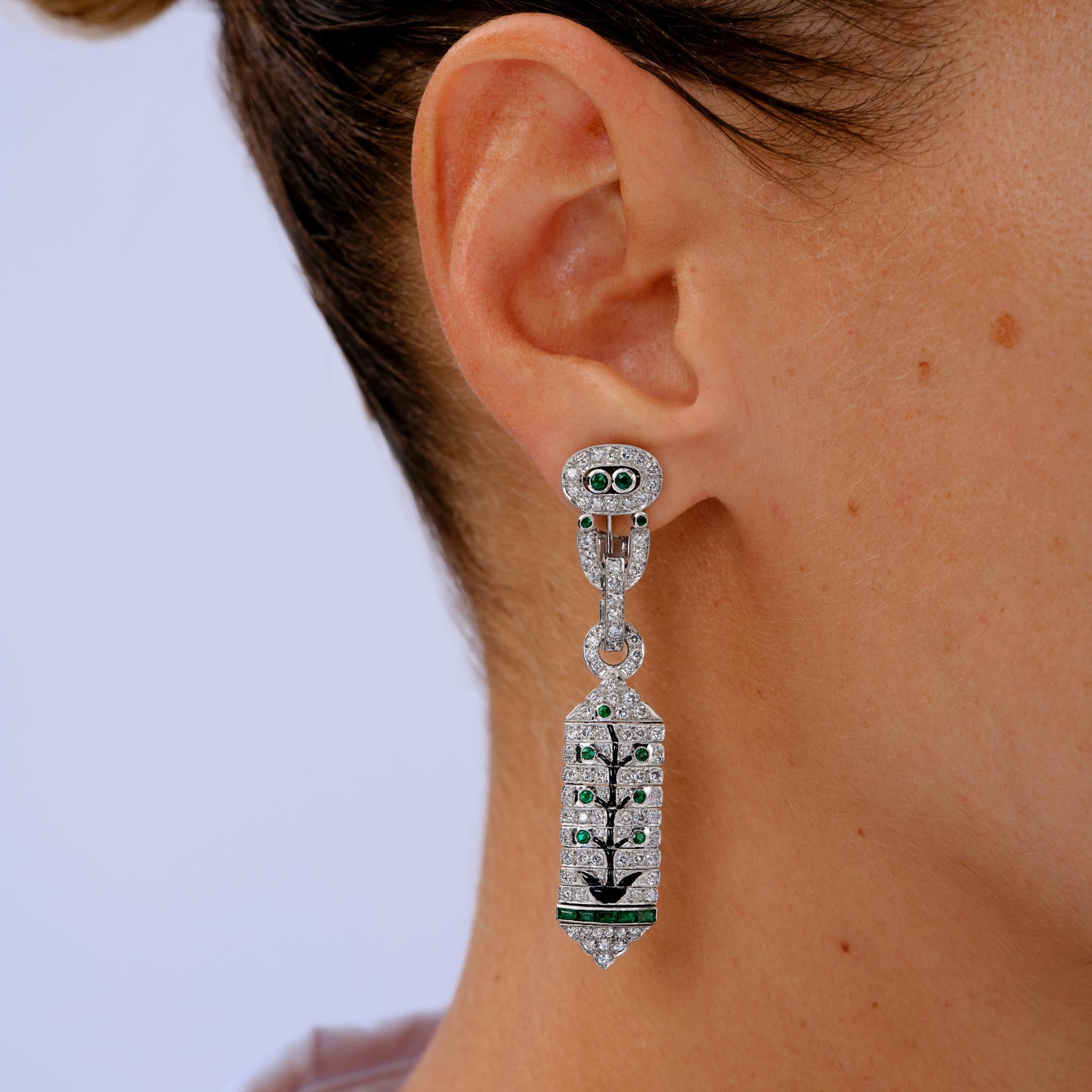 Art Deco Revival Diamond Emerald Tree of Life Day/Night Earrings