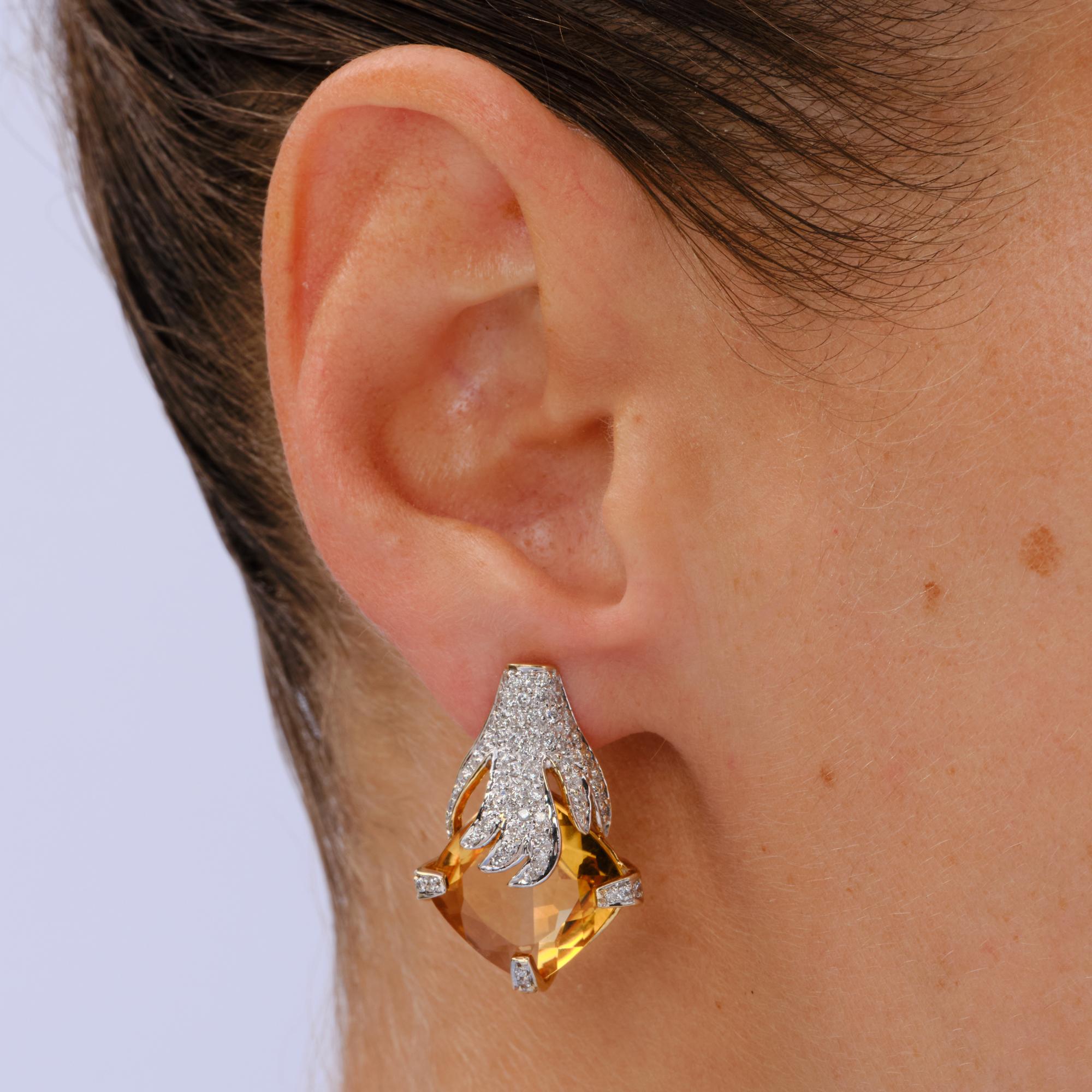 RDY Estate Modernist 16 Carat Citrine & Pavè Diamond 14k Gold Earrings