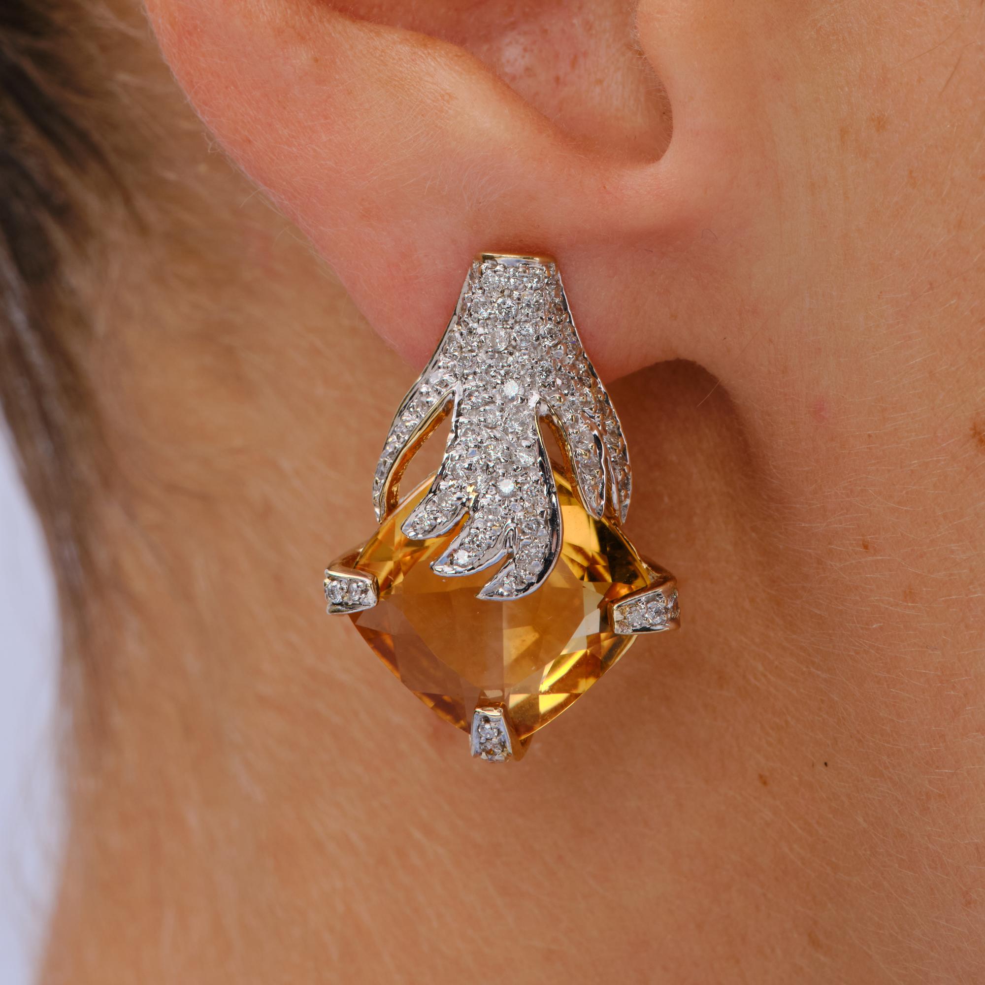 RDY Estate Modernist 16 Carat Citrine & Pavè Diamond 14k Gold Earrings