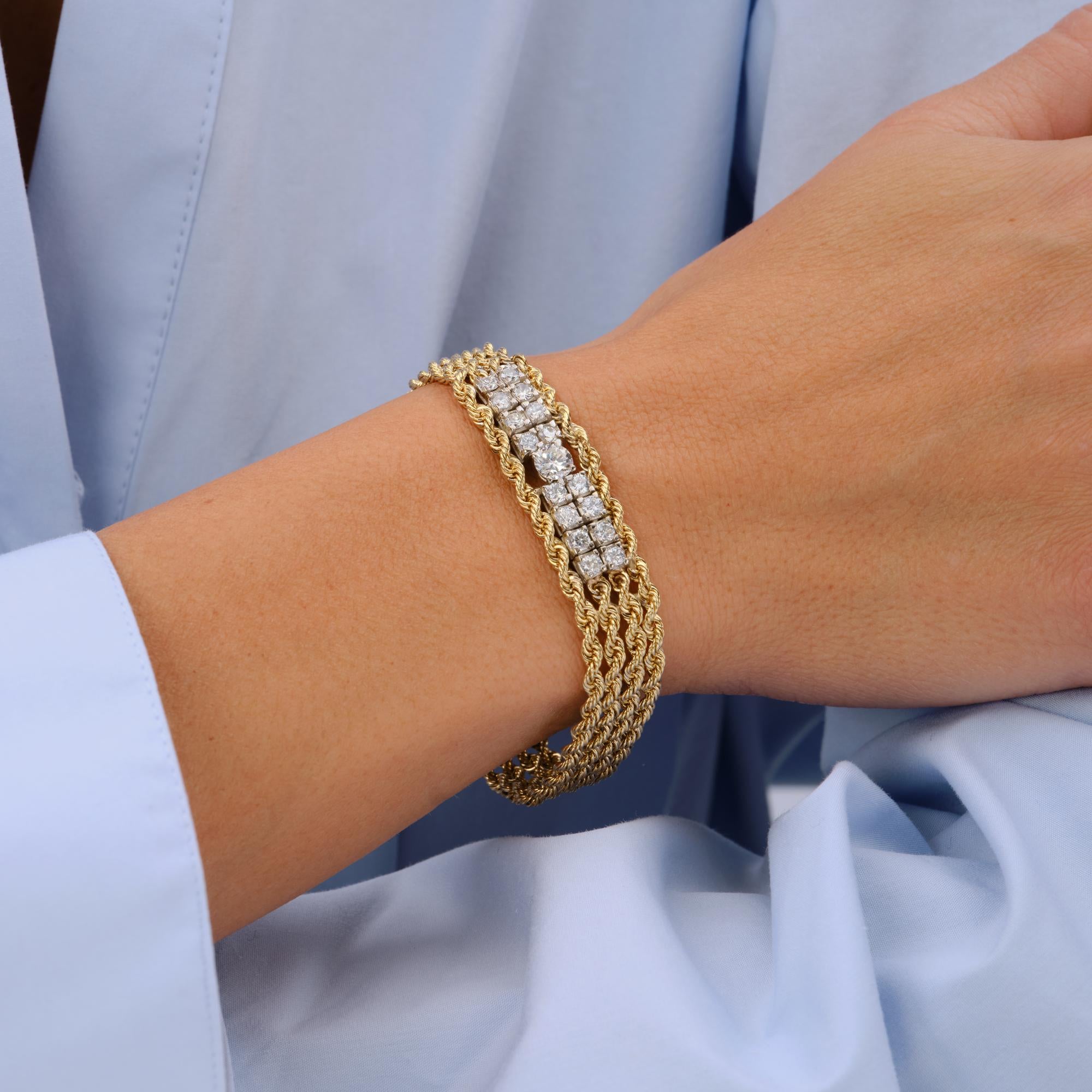 Vintage Estate 1.78 Carat Diamond 4 Strand Heavy 14k Gold Rope Chain ID Bracelet