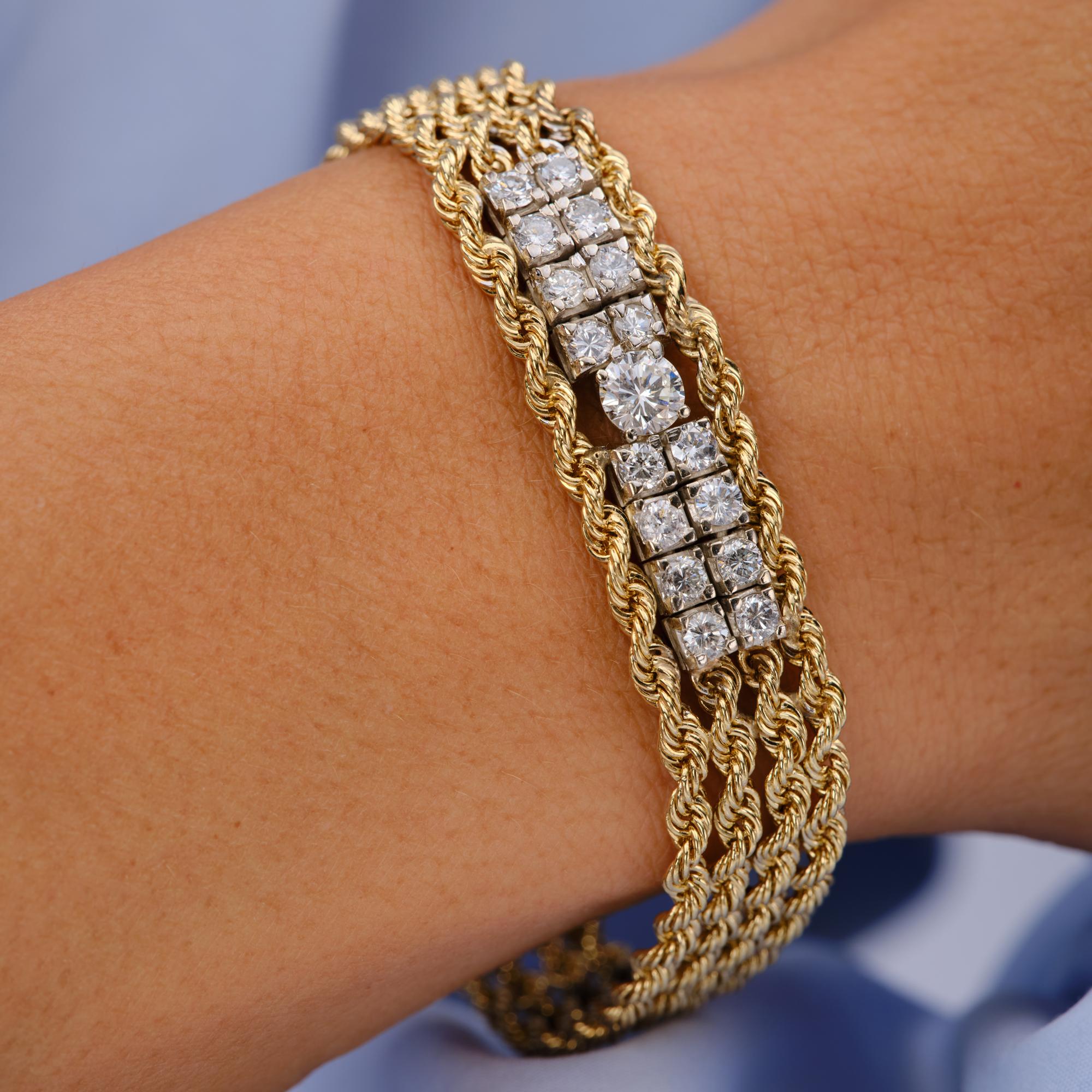 Vintage Estate 1.78 Carat Diamond 4 Strand Heavy 14k Gold Rope Chain ID Bracelet
