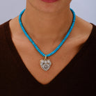 Antique Edwardian 14K Gold & Platinum Diamond Heart Turquoise Bead Necklace