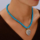 Antique Edwardian 14K Gold & Platinum Diamond Heart Turquoise Bead Necklace