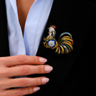 RDY Italian 18k Gold Retro Rooster Pin Enamel & Diamond Brooch
