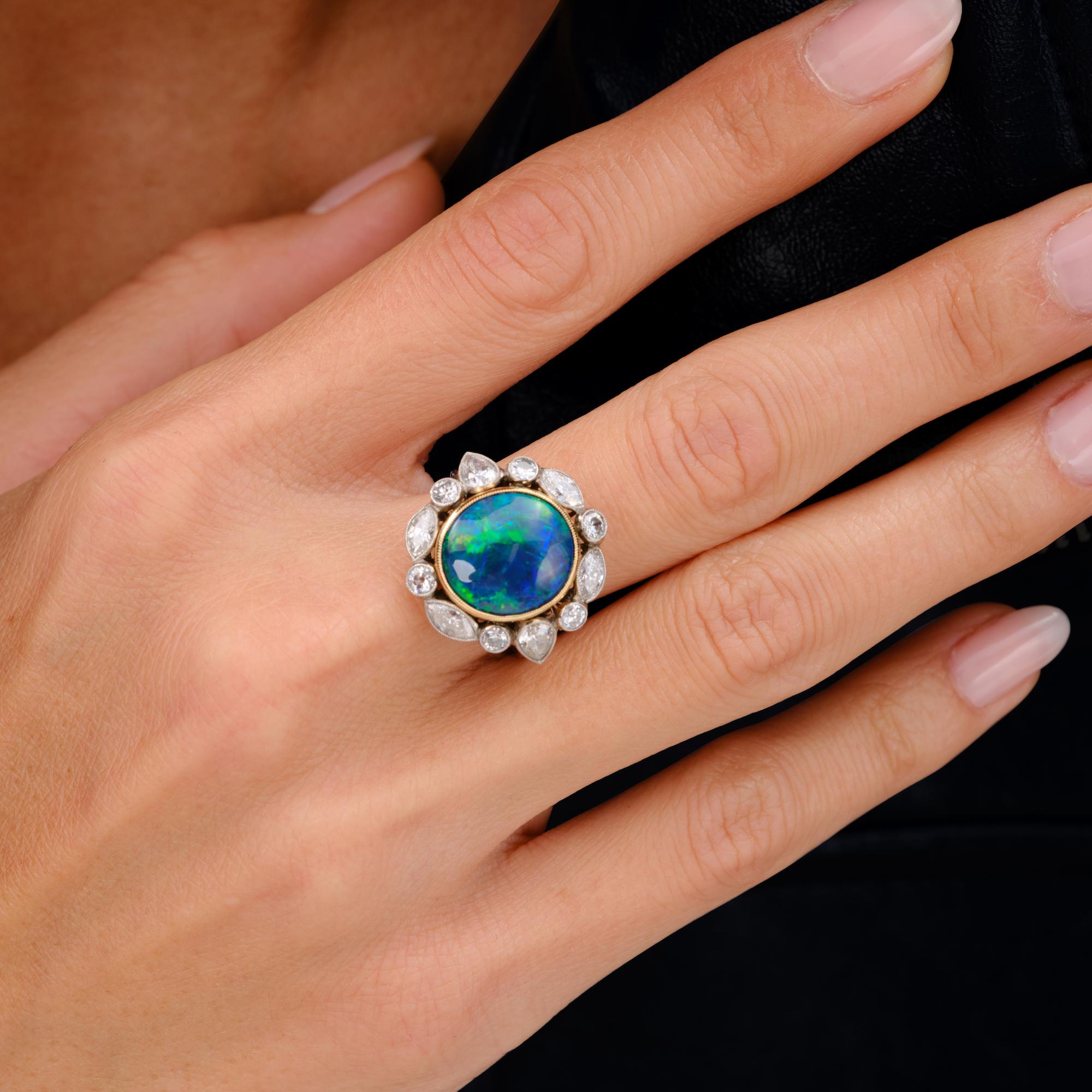 Mid-Century Black Opal and Diamond Platinum Cocktail Ring