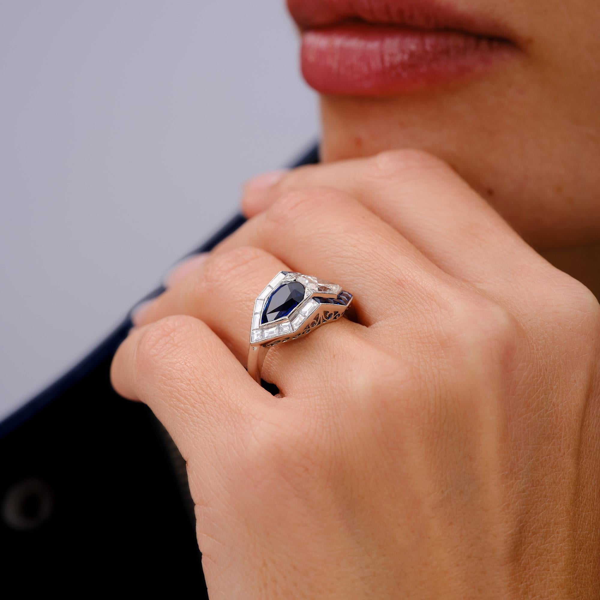 Sophia D. Art Deco Revival Diamond and Sapphire 3.67 Ct Toi Et Moi Platinum Ring