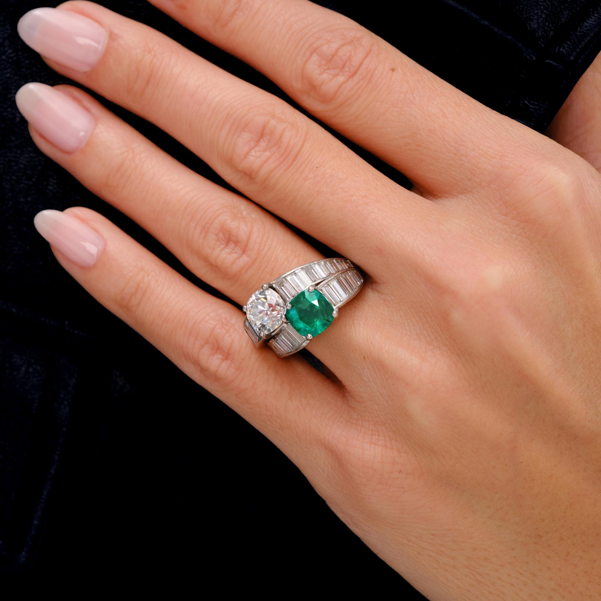 Art Deco 1930's Tiffany & Co GIA Certified Diamond & Emerald Toi Et Moi Ring