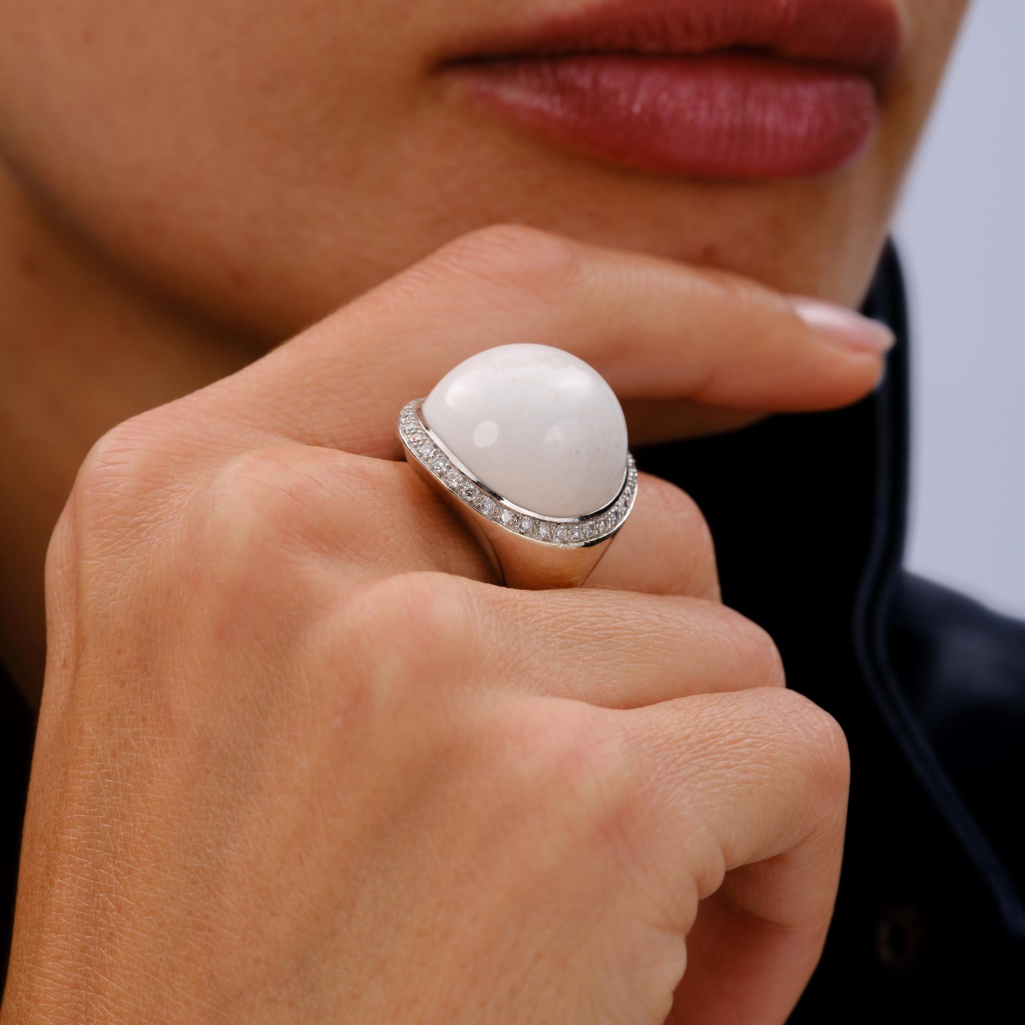 35 Carat White Coral and Diamond 18k White Gold Estate Cocktail Ring