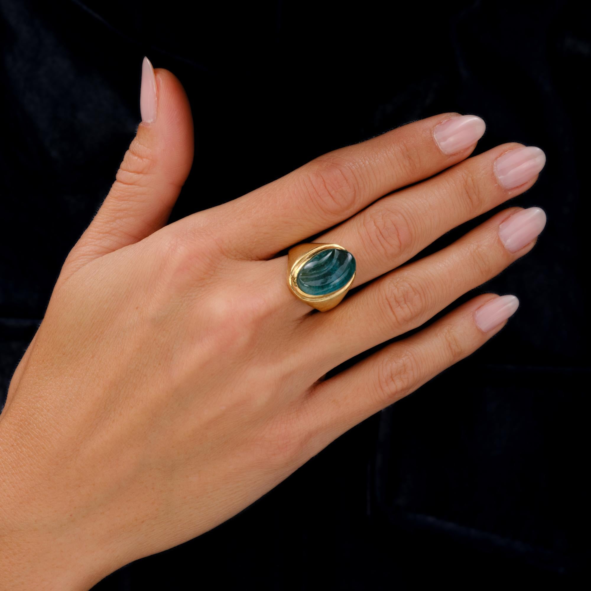 Vintage Burle Marx 18K Gold Indicolite Tourmaline Carved Cabochon Ring 1980s