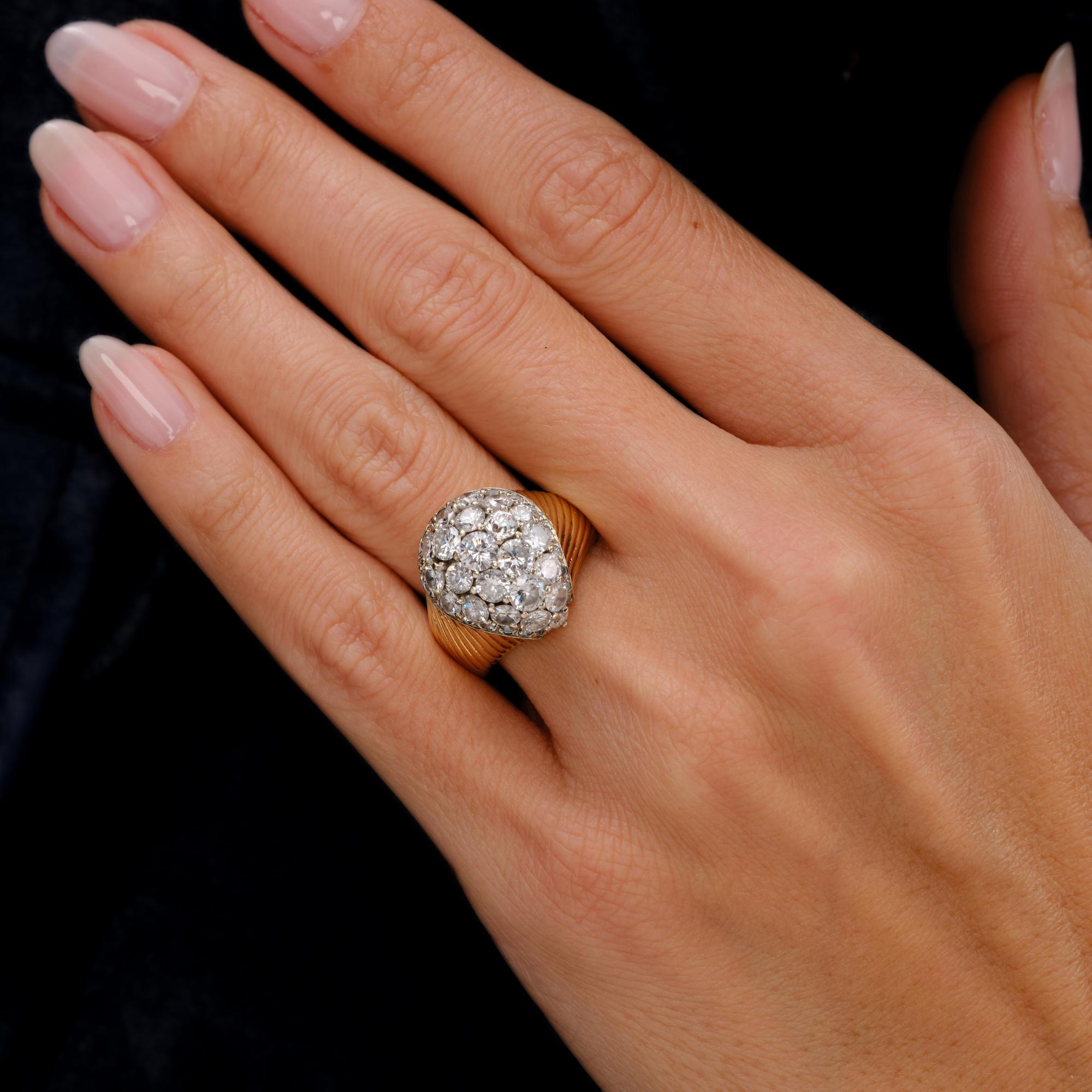 Vintage 1970s Mid Century 2 Carat Diamond Bomb Cluster 14K Gold Cocktail Ring