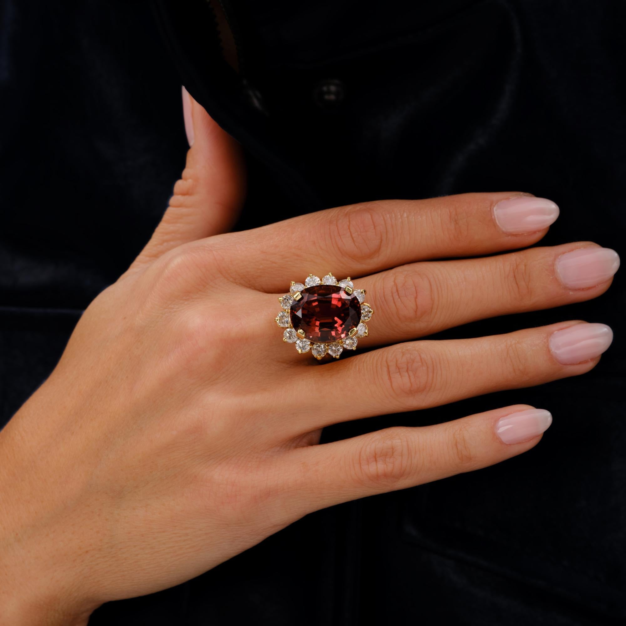 Estate 14 Carat Red Orange Tourmaline & Diamond Halo Cocktail Ring