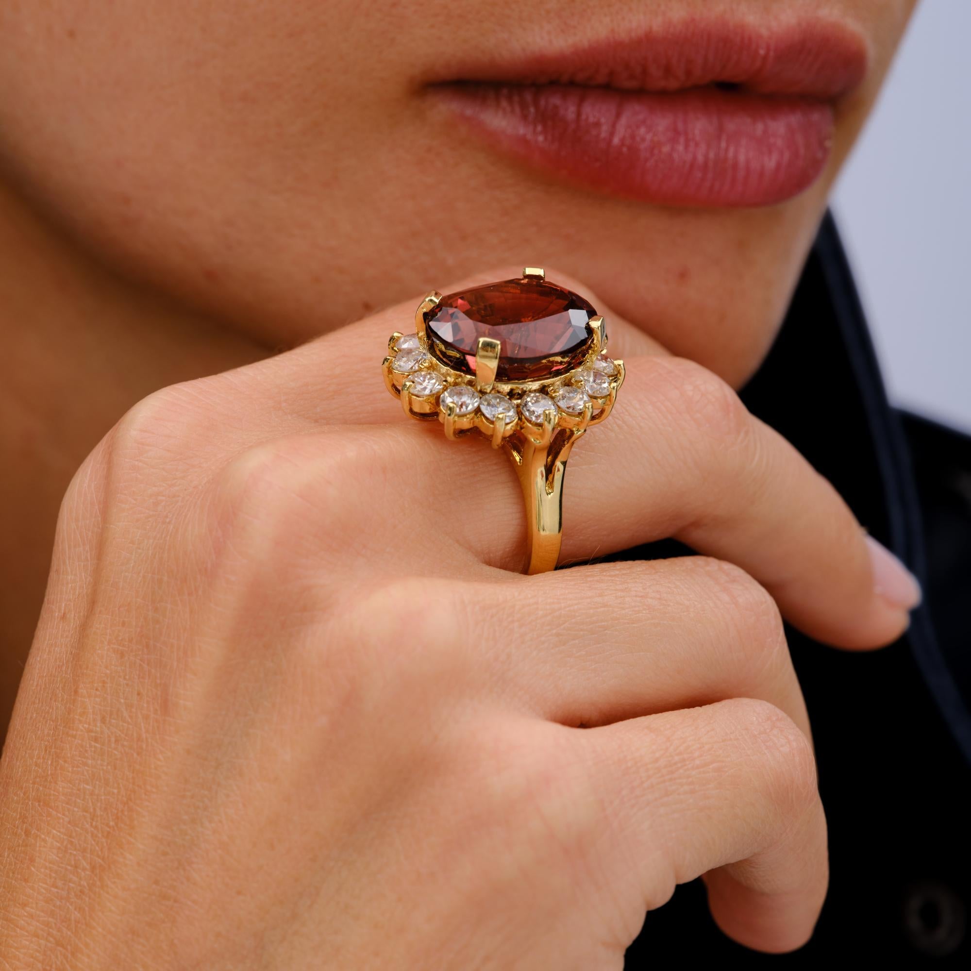 Estate 14 Carat Red Orange Tourmaline & Diamond Halo Cocktail Ring