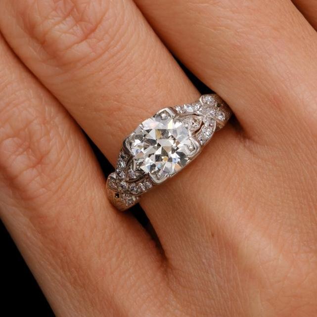 Antique Art Deco 1.64 Carat Old European Cut Diamond Engraved Engagement Ring