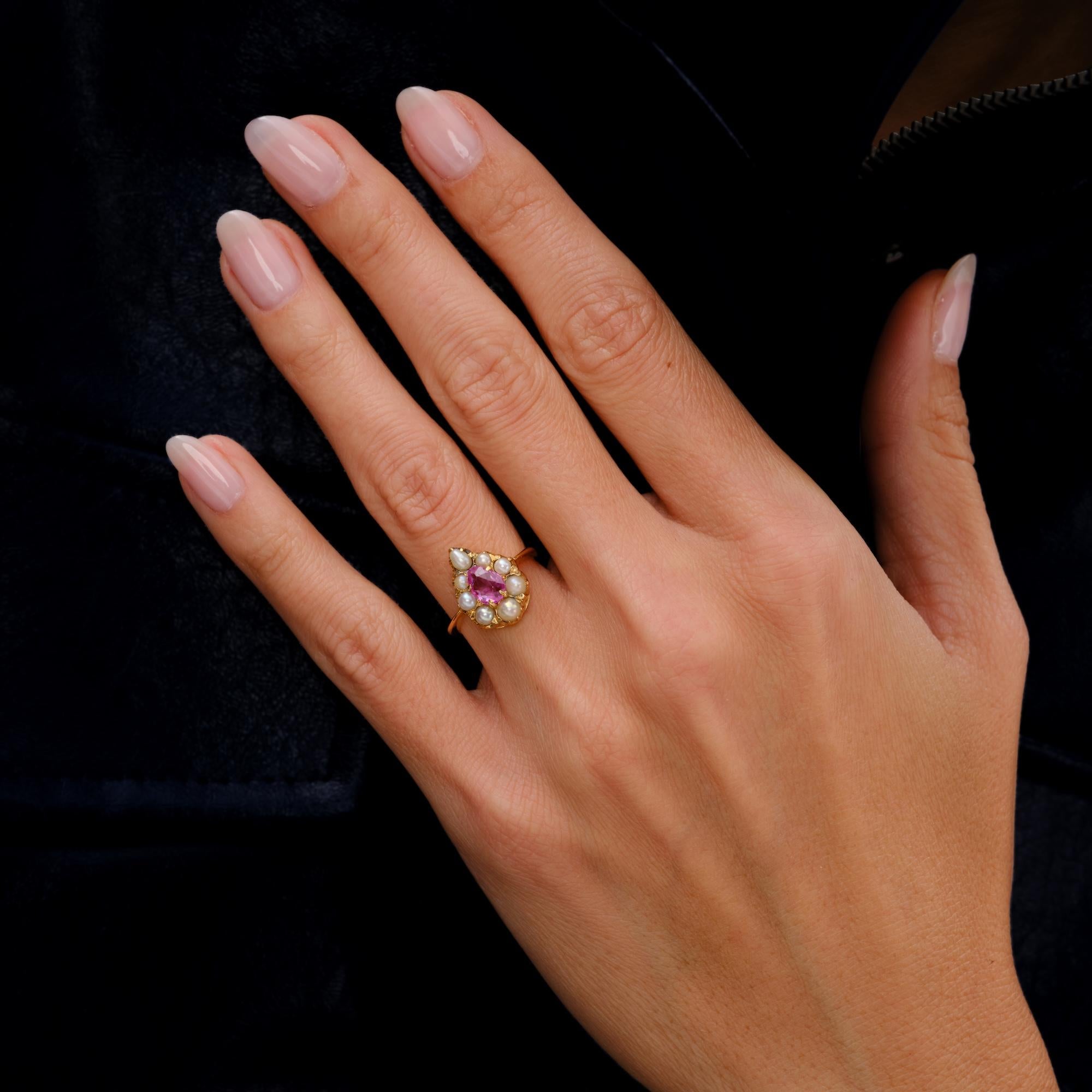 Antique Victorian 20k Gold Pink Sapphire And Pearl Halo Engagement Ring