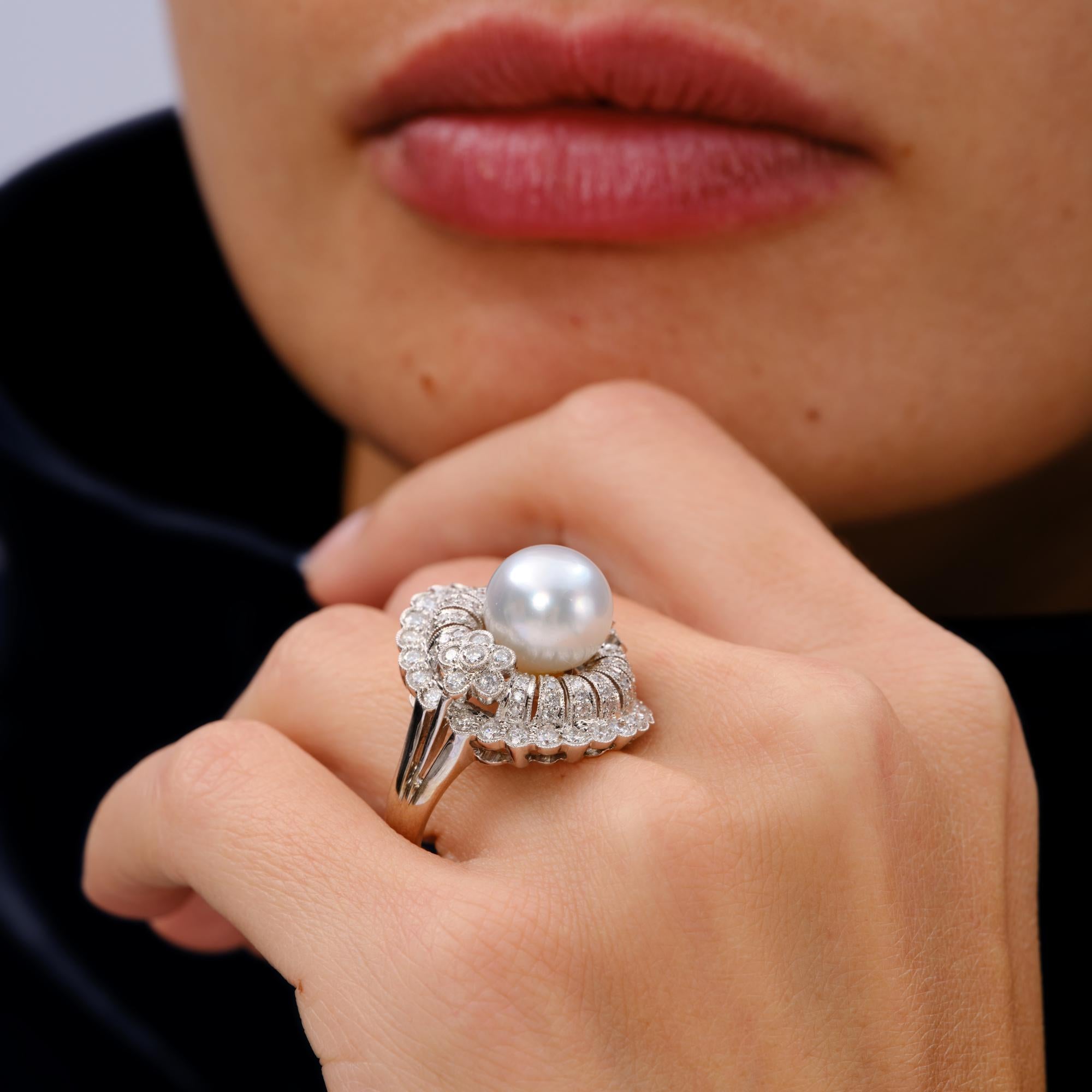 Estate Mid Century South Sea Pearl And Diamond Cocktail Ring