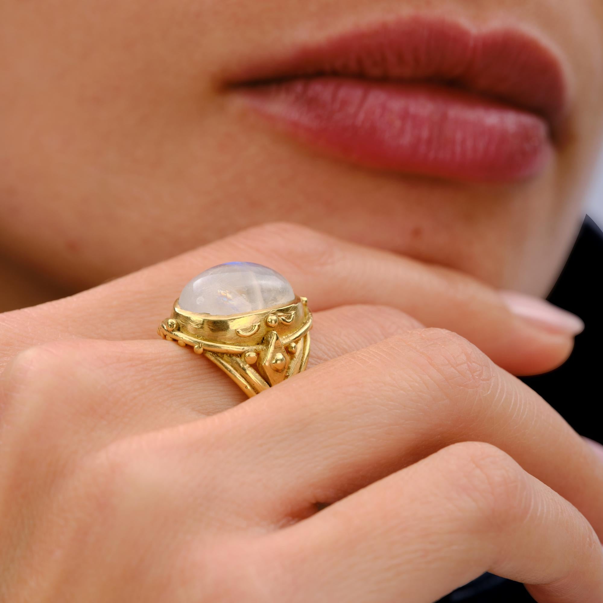 Art Nouveau Revival Rainbow Moonstone 18k Gold Handmade Ring