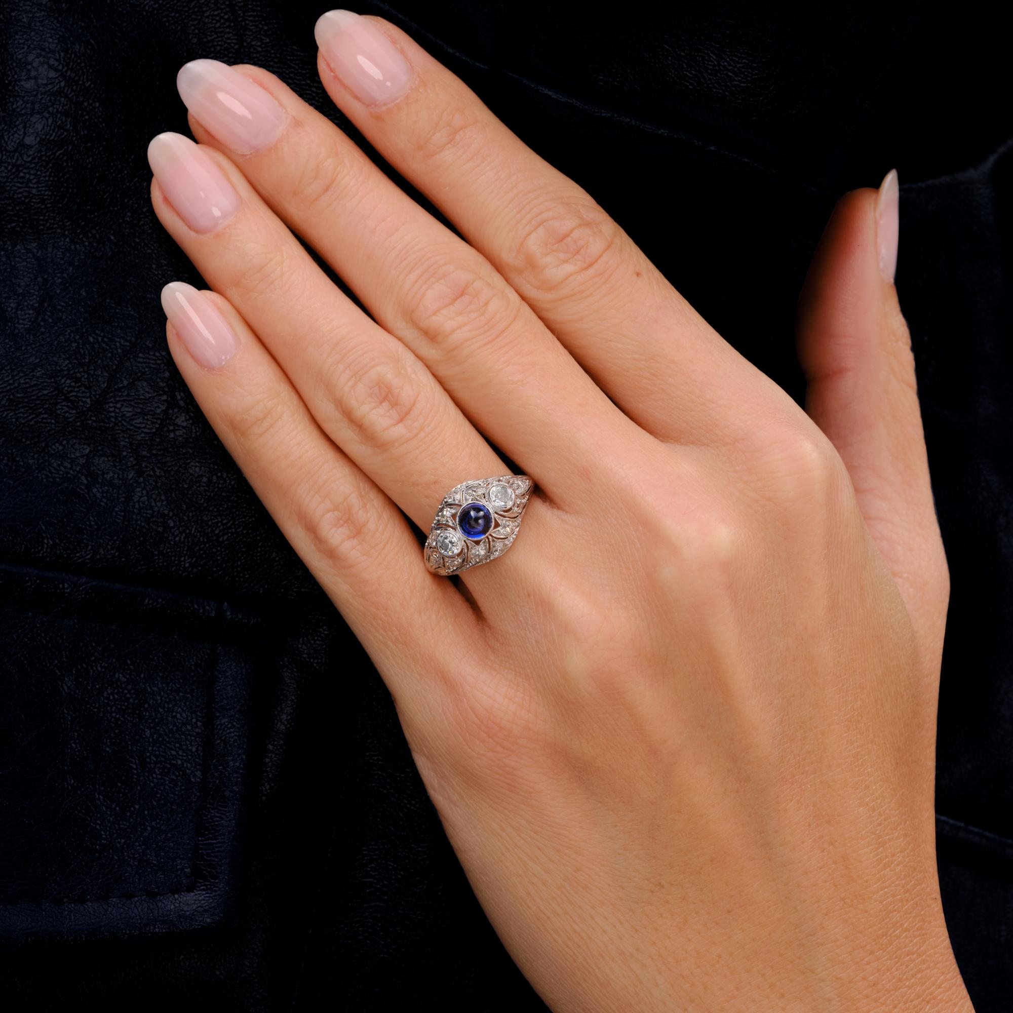 Art Deco Cabochon Sapphire Diamond 3 Stone Platinum Filigree Engagement Ring