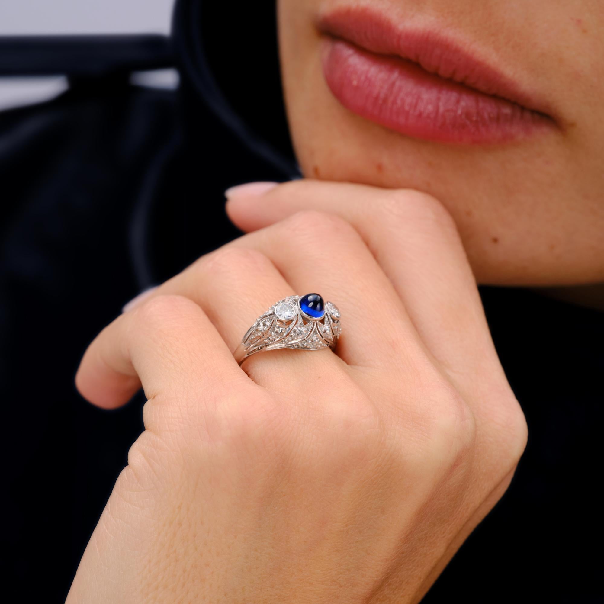 Art Deco Cabochon Sapphire Diamond 3 Stone Platinum Filigree Engagement Ring