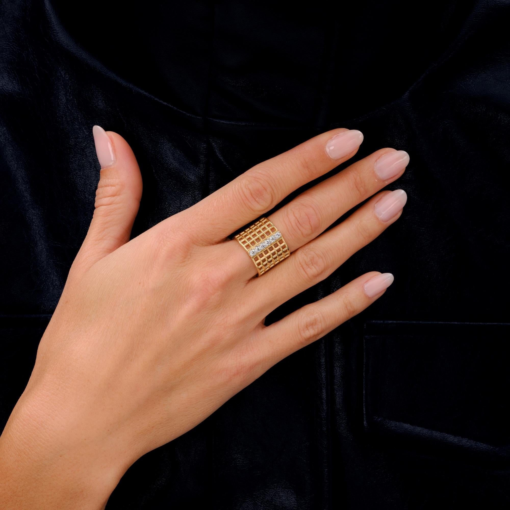 Vintage Mid Century Openwork Diamond Checkerboard 14k Gold Wide Cigar Band Ring